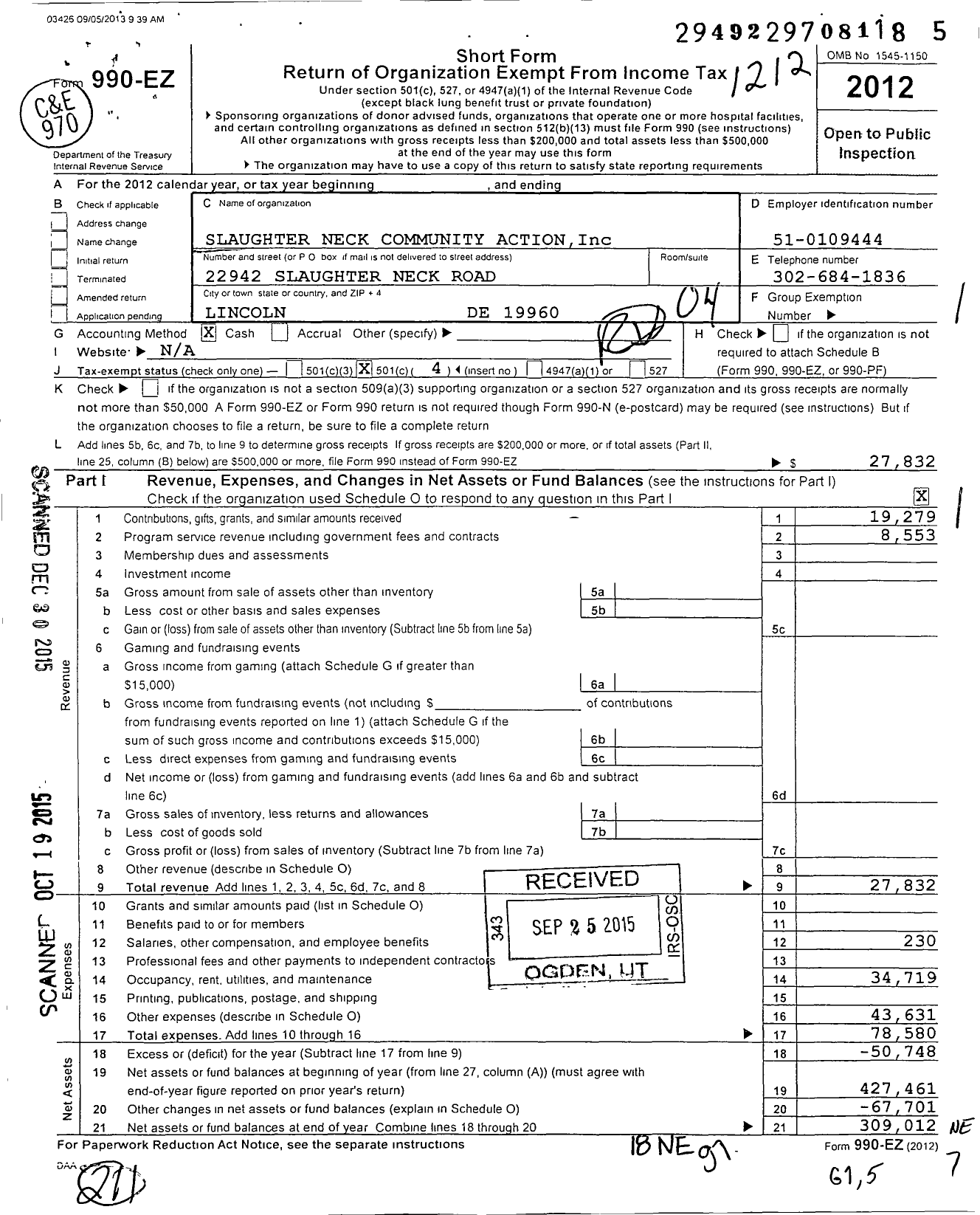 Image of first page of 2012 Form 990EO for Slaughter Neck Community Action Organization