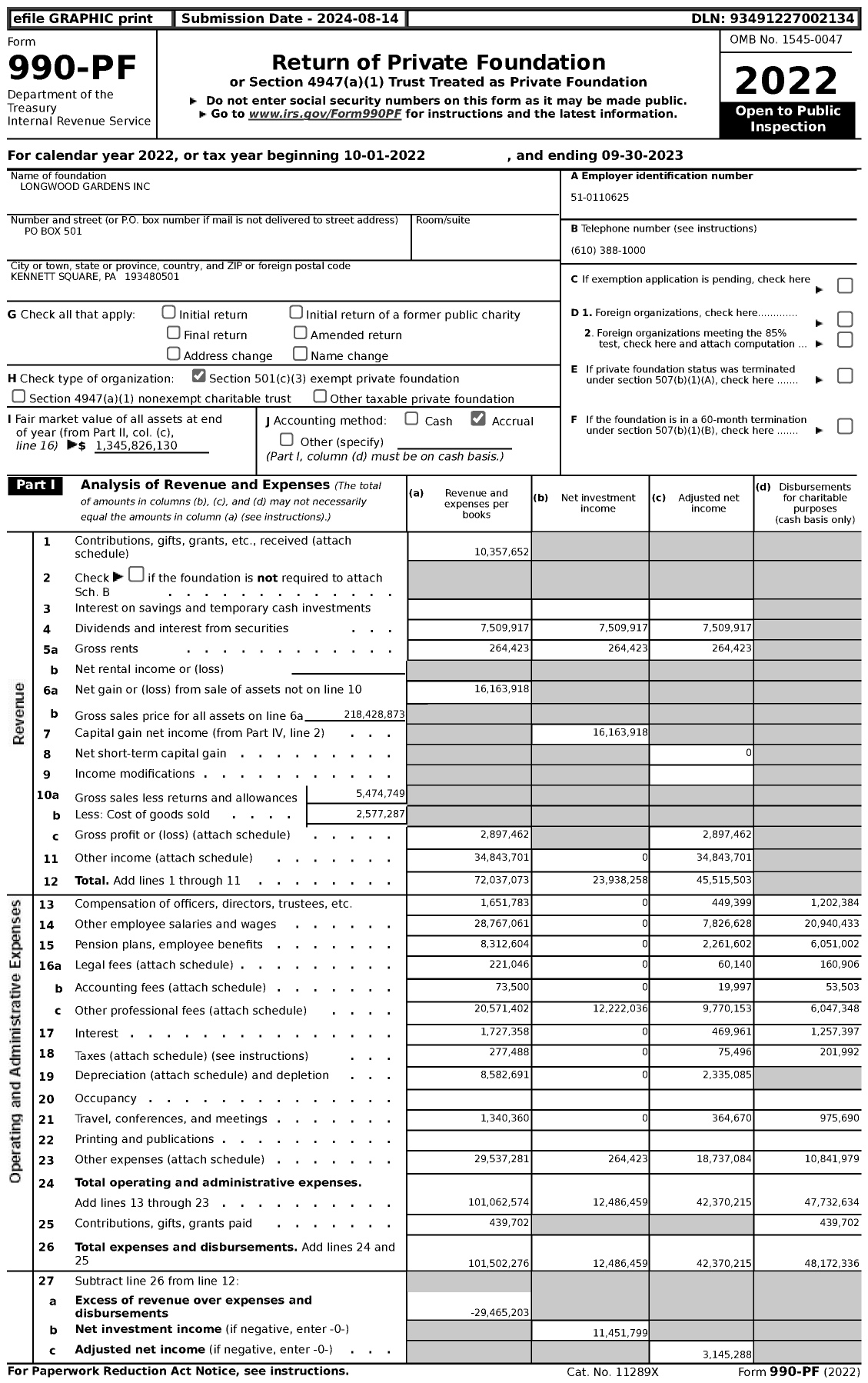 Image of first page of 2022 Form 990PF for Longwood Gardens