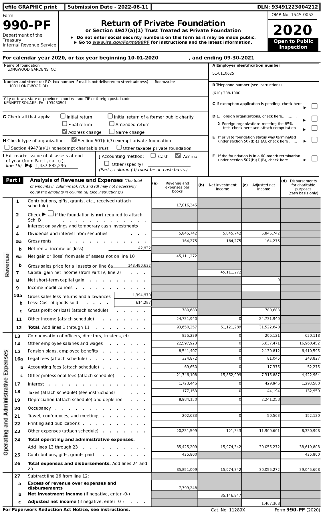 Image of first page of 2020 Form 990PF for Longwood Gardens