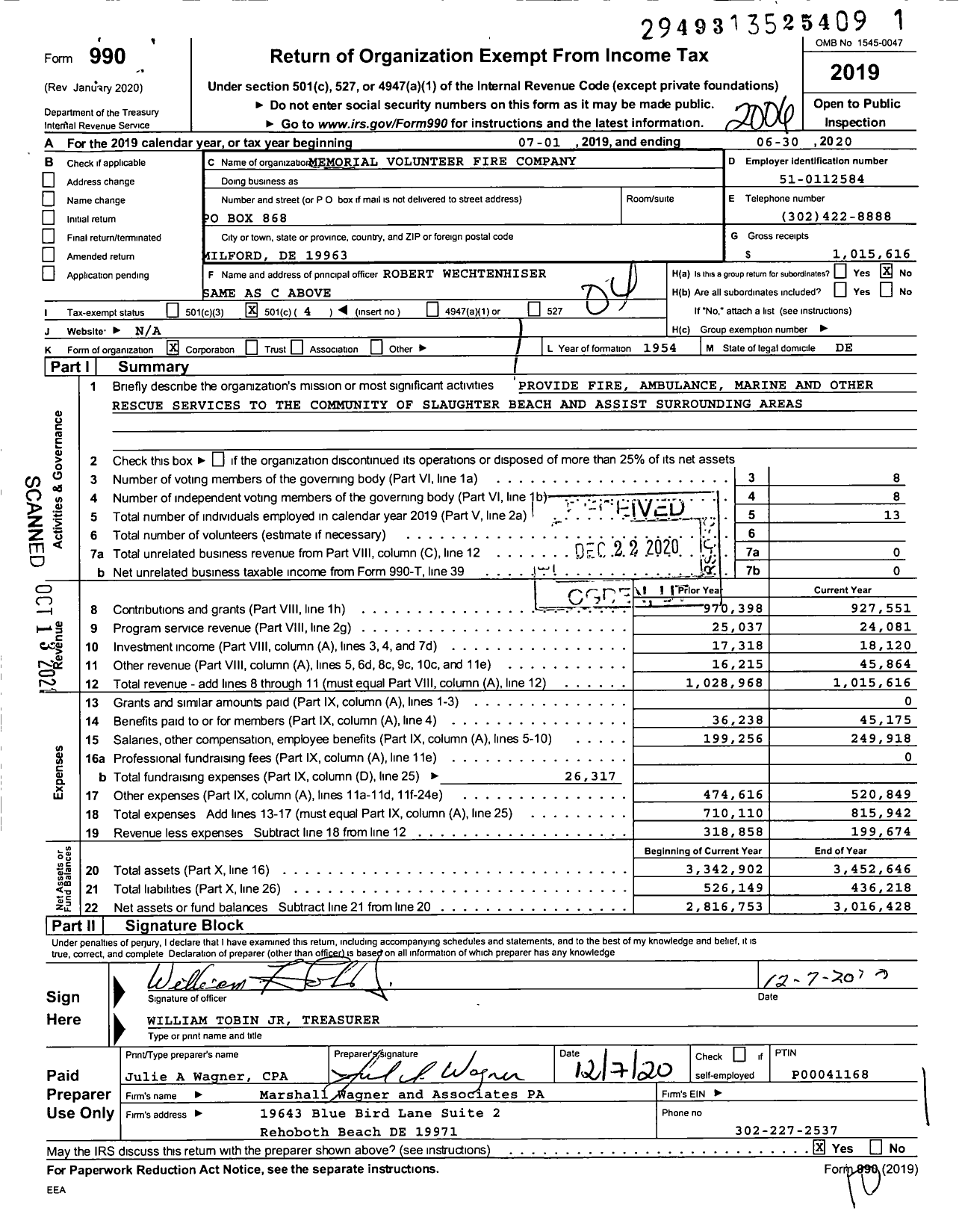 Image of first page of 2019 Form 990O for Memorial Volunteer Fire Company