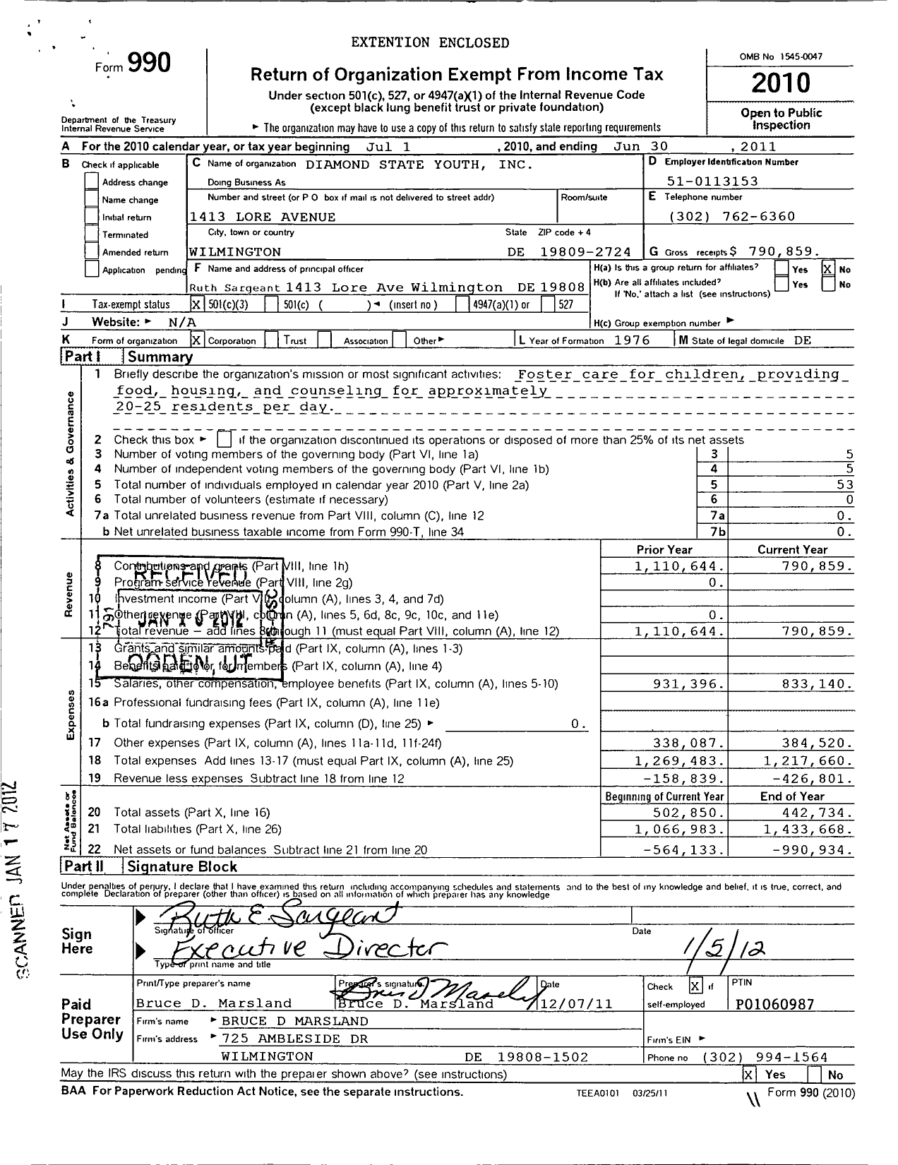 Image of first page of 2010 Form 990 for Diamond State Youth