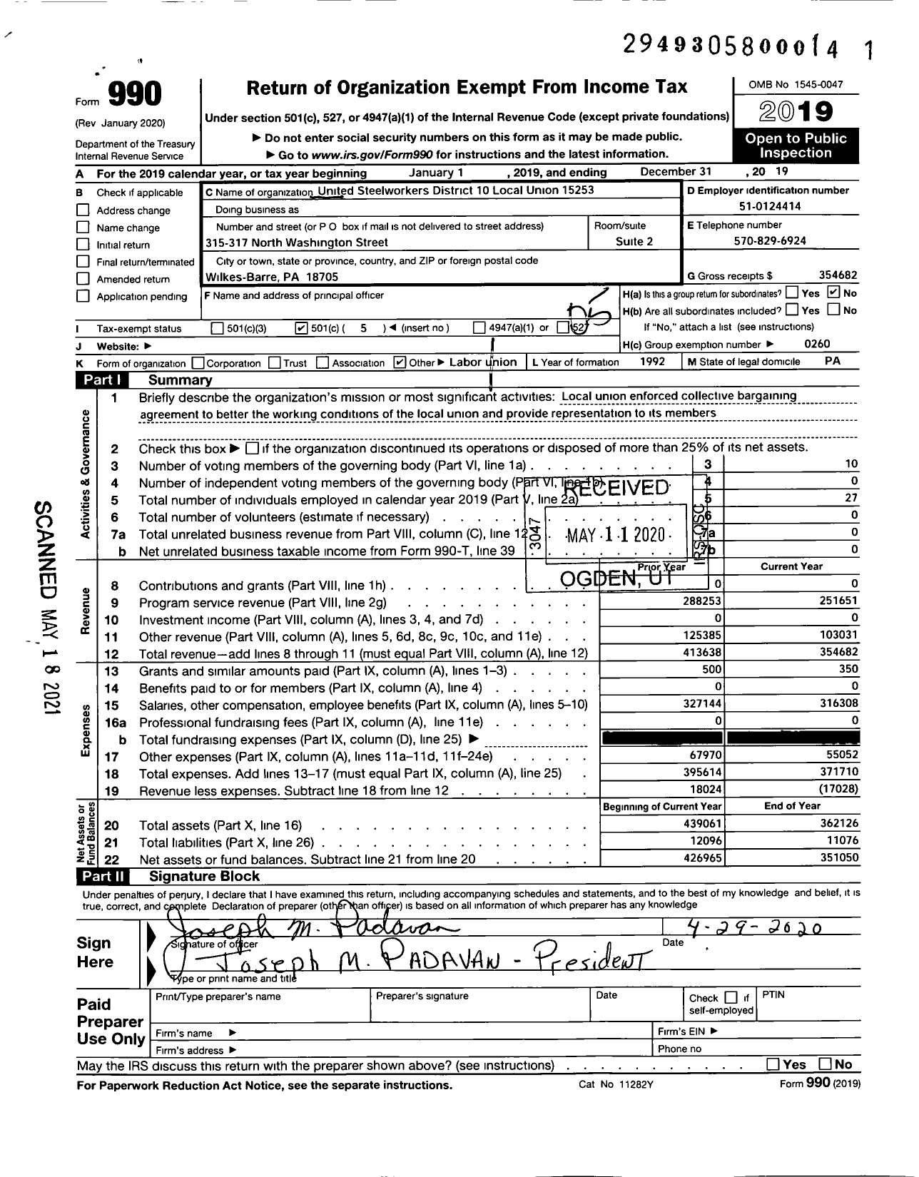 Image of first page of 2019 Form 990O for United Steelworkers - Local Union 15253