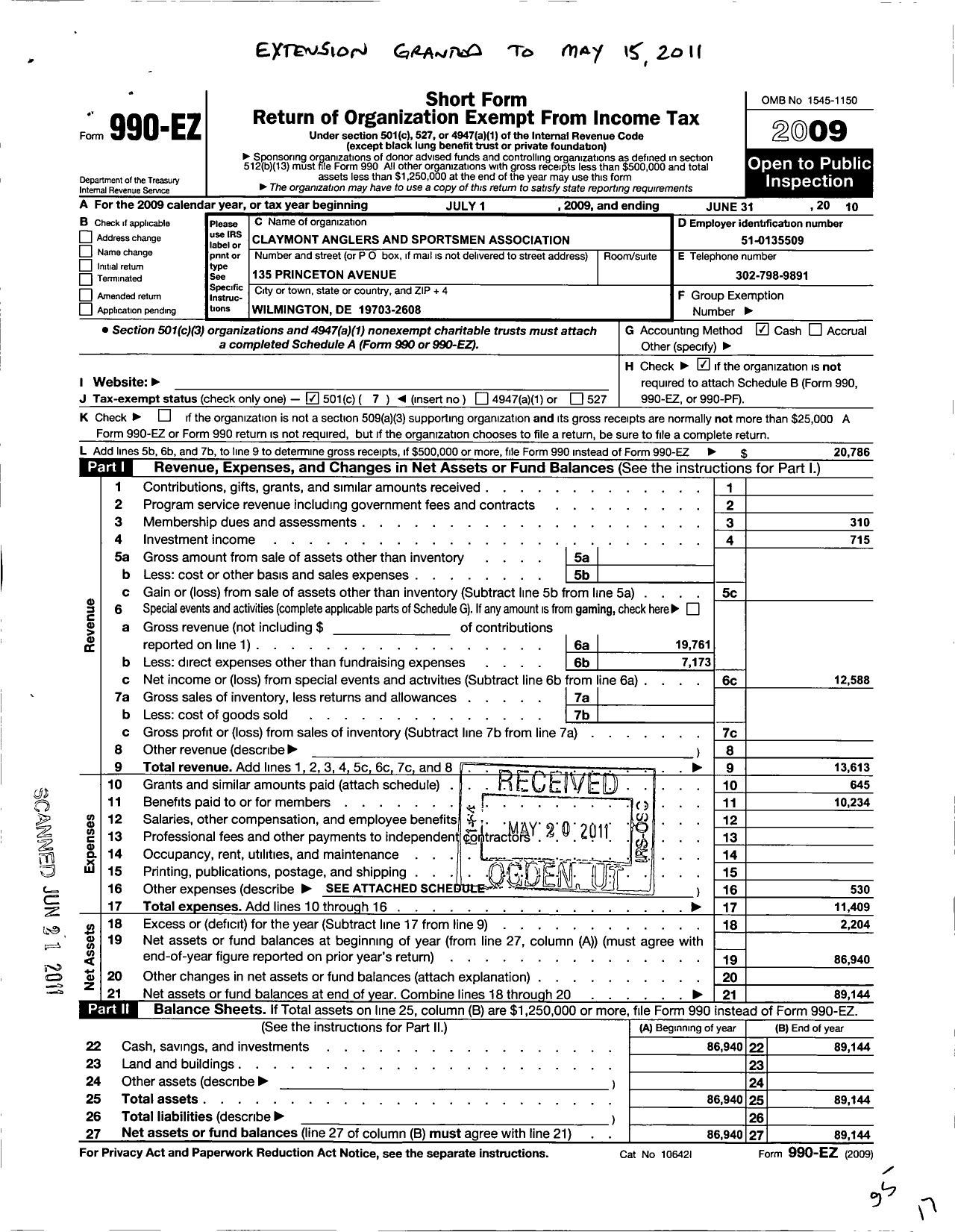 Image of first page of 2009 Form 990EO for Claymont Anglers and Sportsmen Association