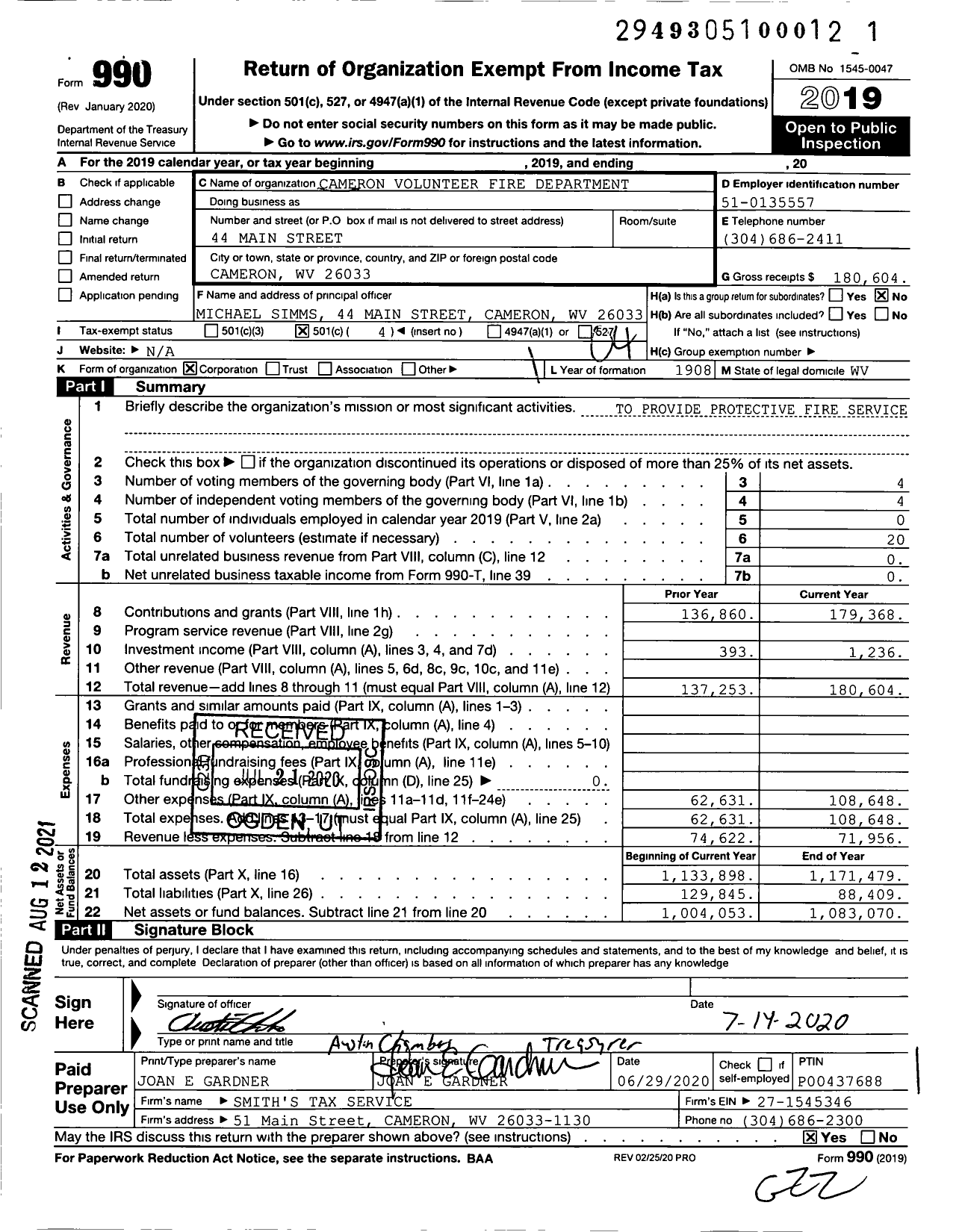 Image of first page of 2019 Form 990O for Cameron Volunteer Fire Department