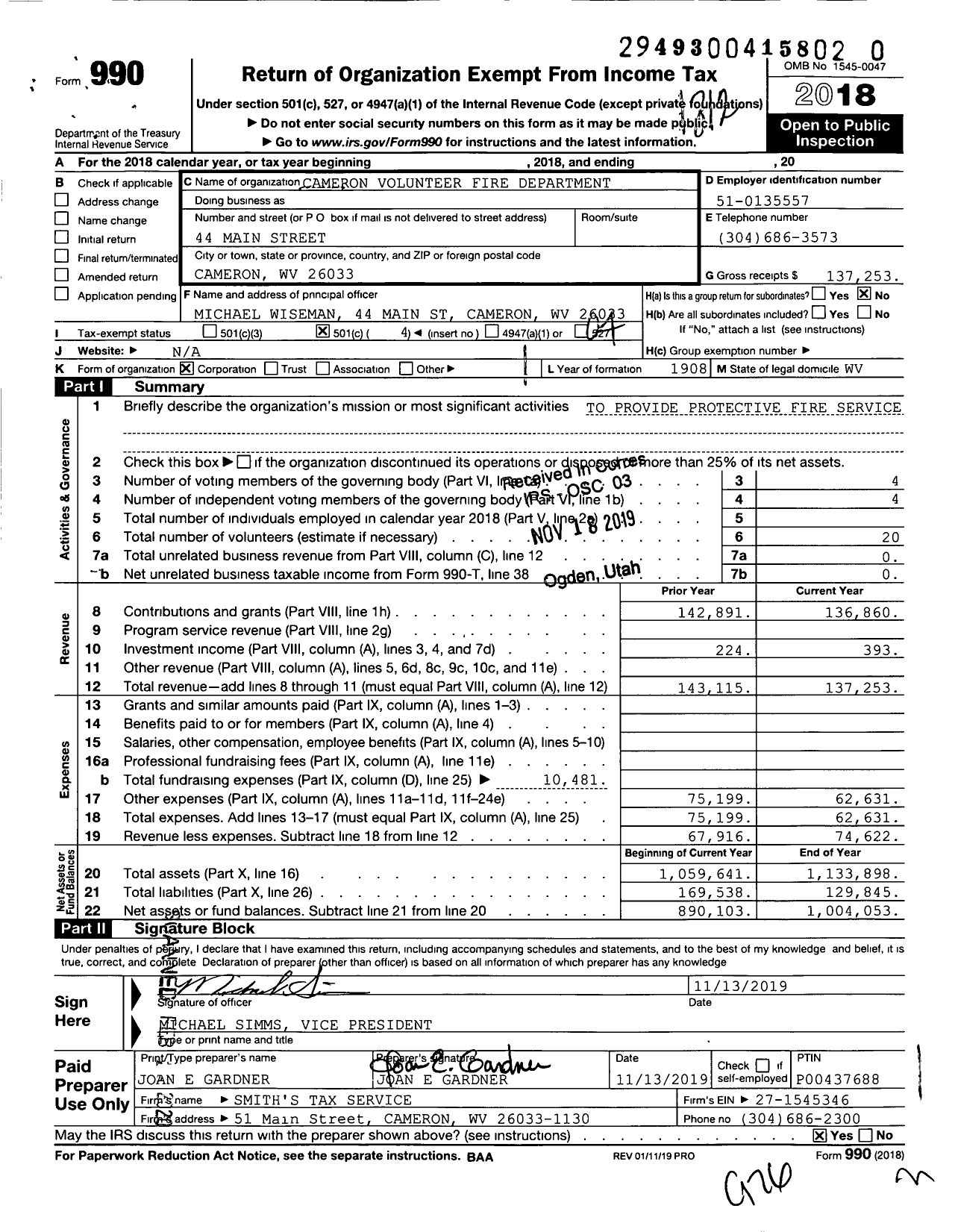 Image of first page of 2018 Form 990O for Cameron Volunteer Fire Department