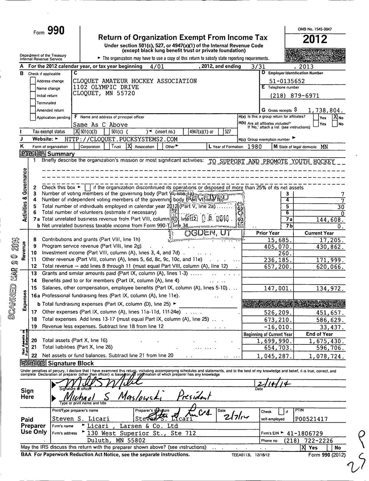 Image of first page of 2012 Form 990 for Cloquet Amateur Hockey Association