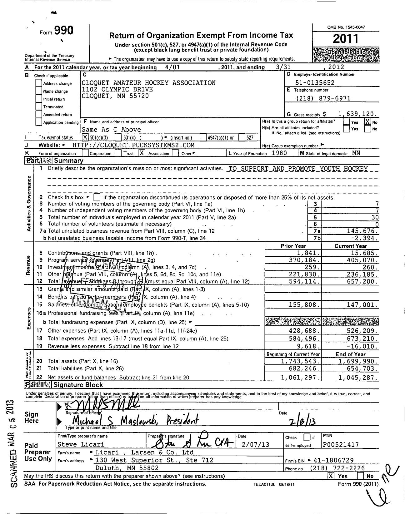 Image of first page of 2011 Form 990 for Cloquet Amateur Hockey Association