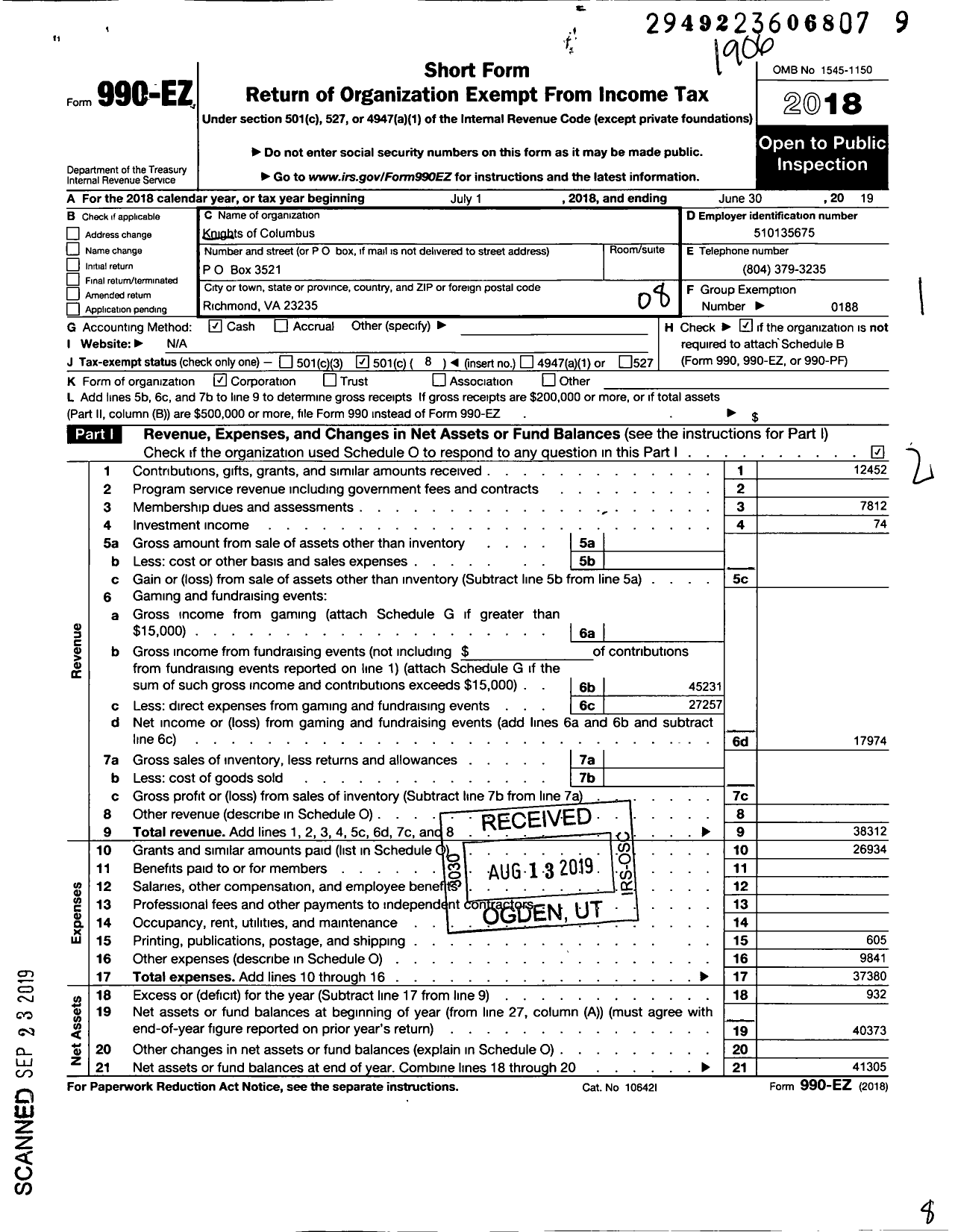 Image of first page of 2018 Form 990EO for Knights of Columbus - 6546 St Edwards Council