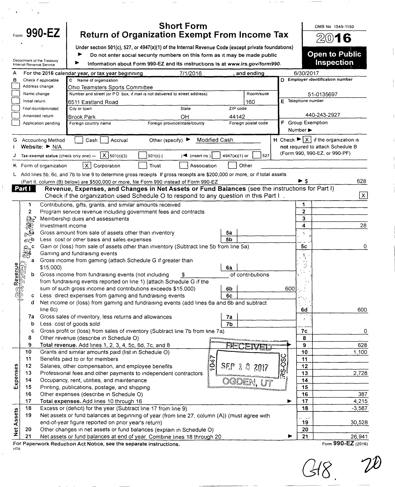 Image of first page of 2016 Form 990EZ for Ohio Conference of Teamsters Sports Committee