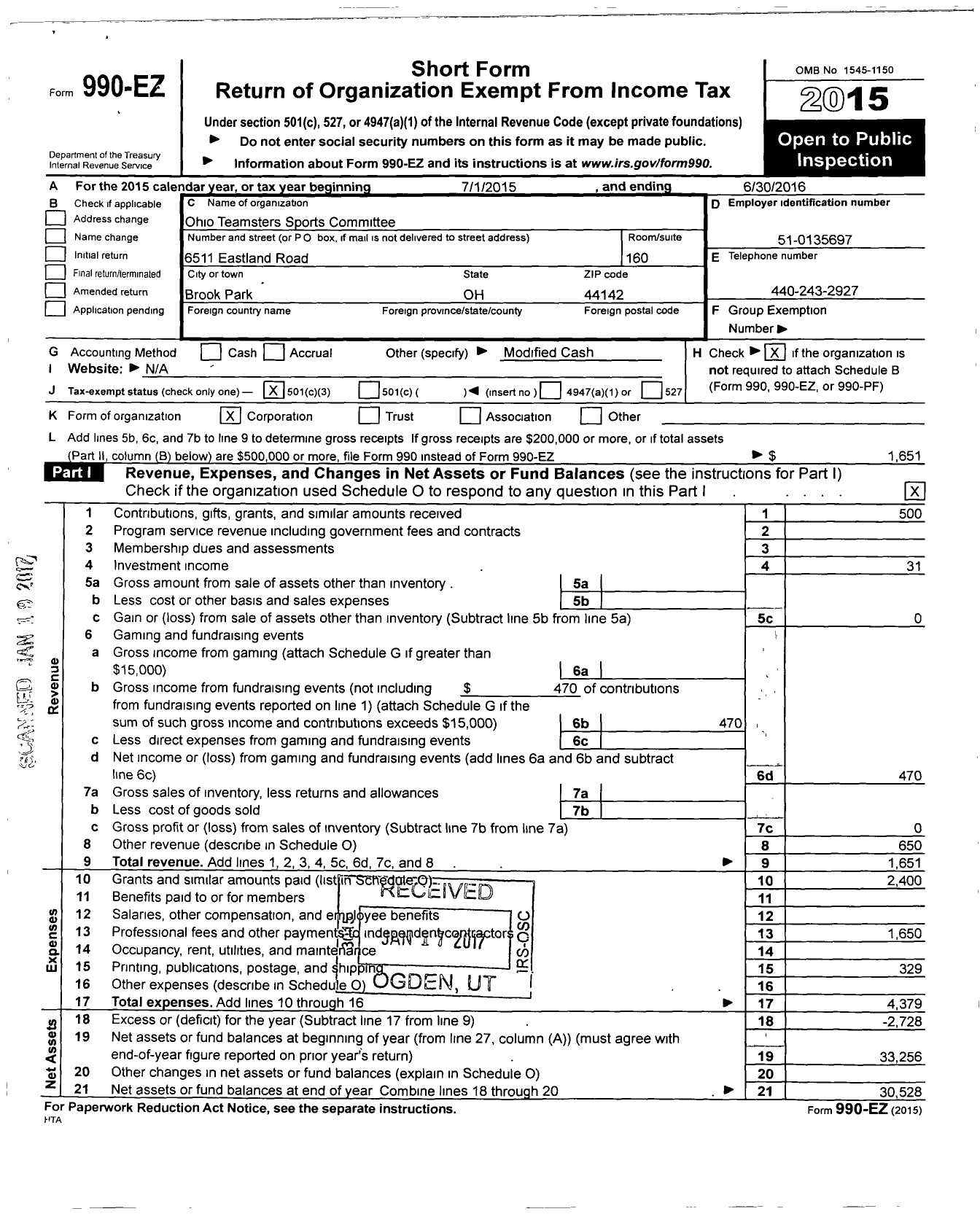 Image of first page of 2015 Form 990EZ for Ohio Conference of Teamsters Sports Committee