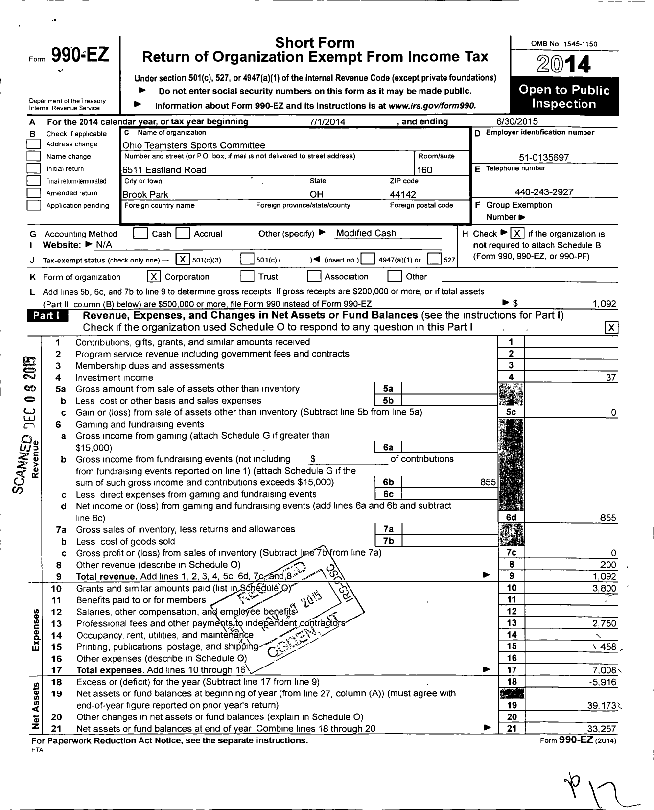 Image of first page of 2014 Form 990EZ for Ohio Conference of Teamsters Sports Committee