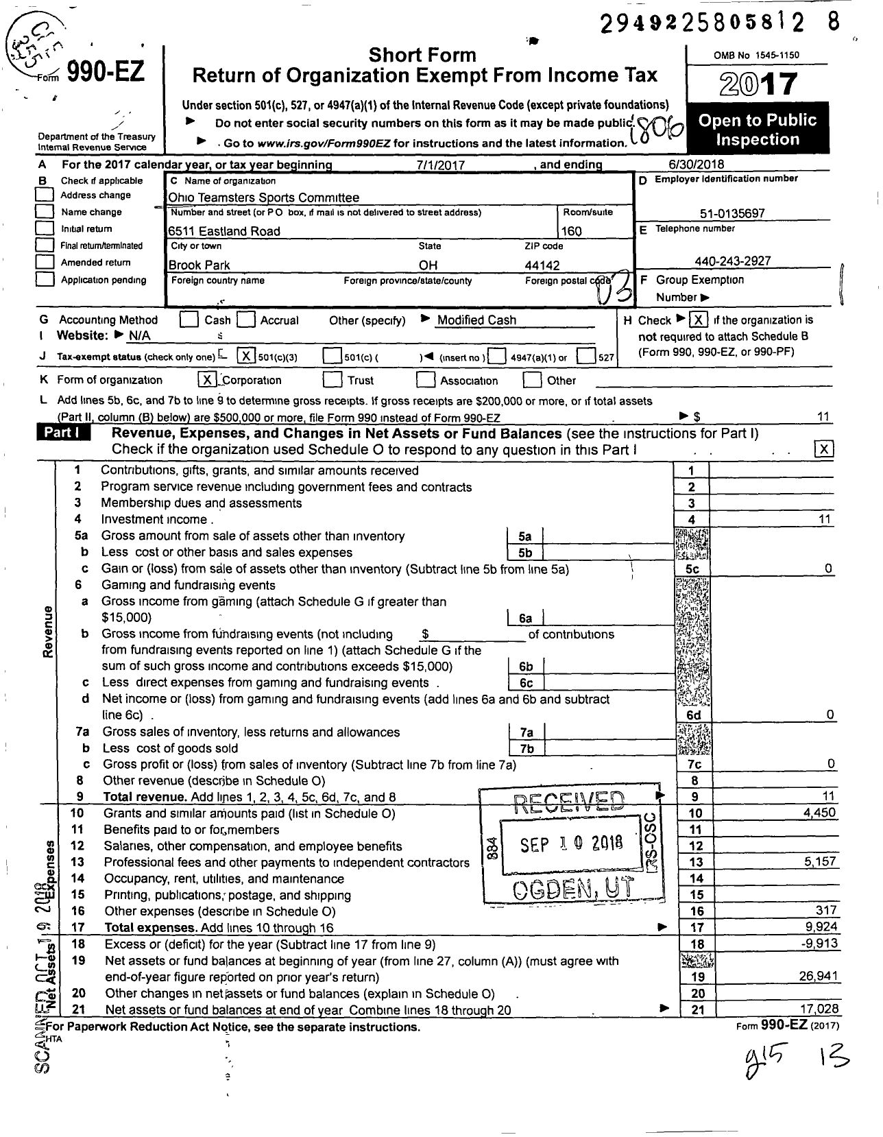 Image of first page of 2017 Form 990EZ for Ohio Conference of Teamsters Sports Committee