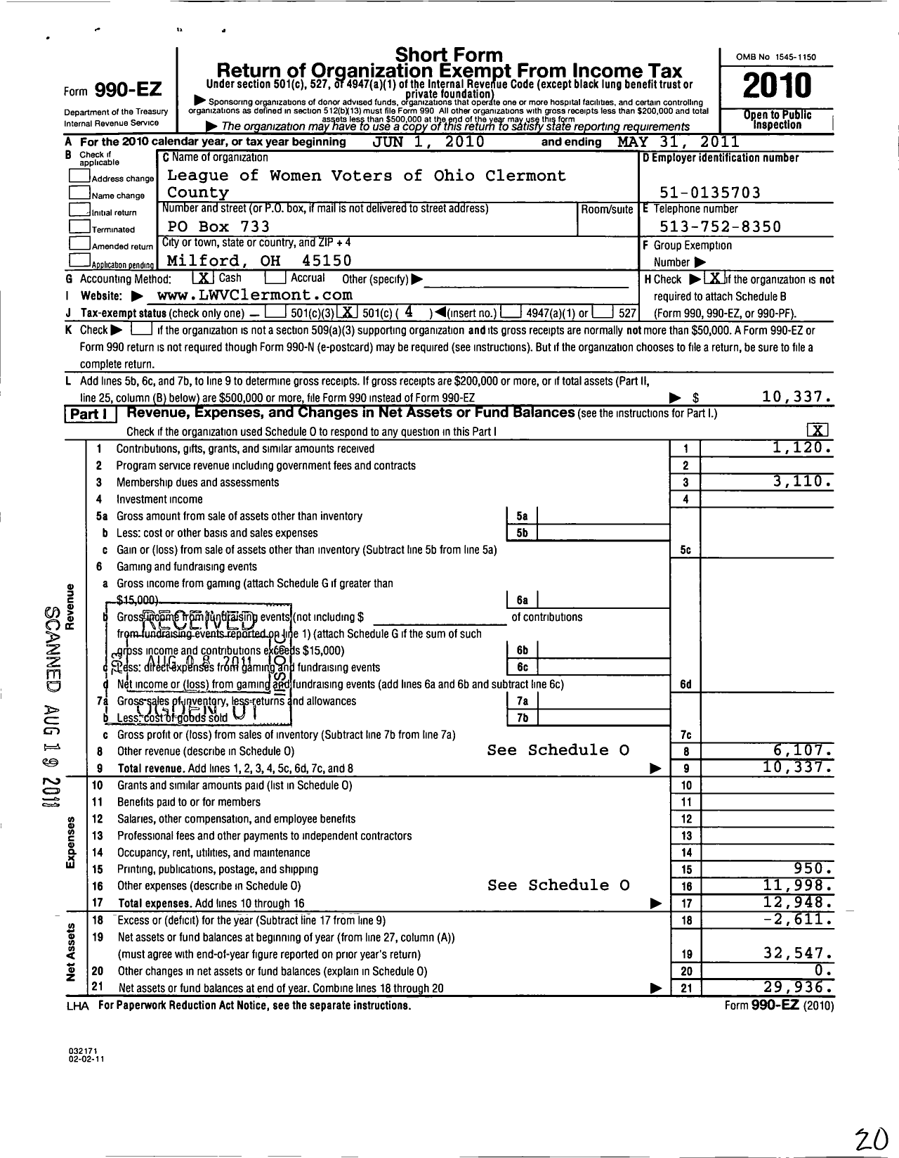 Image of first page of 2010 Form 990EO for League of Womens Voters of Clermont County