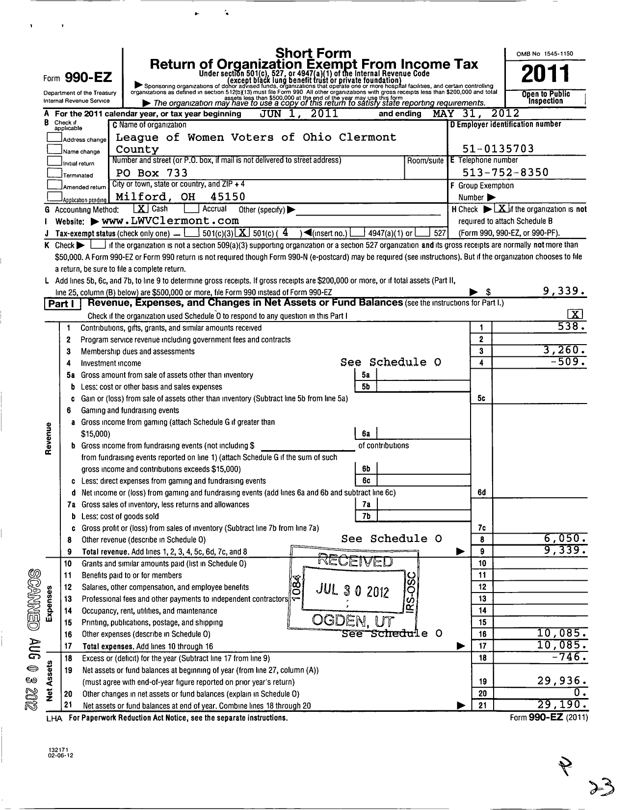 Image of first page of 2011 Form 990EO for League of Womens Voters of Clermont County