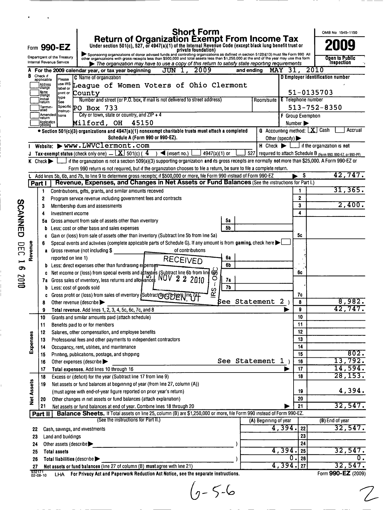 Image of first page of 2009 Form 990EO for League of Womens Voters of Clermont County