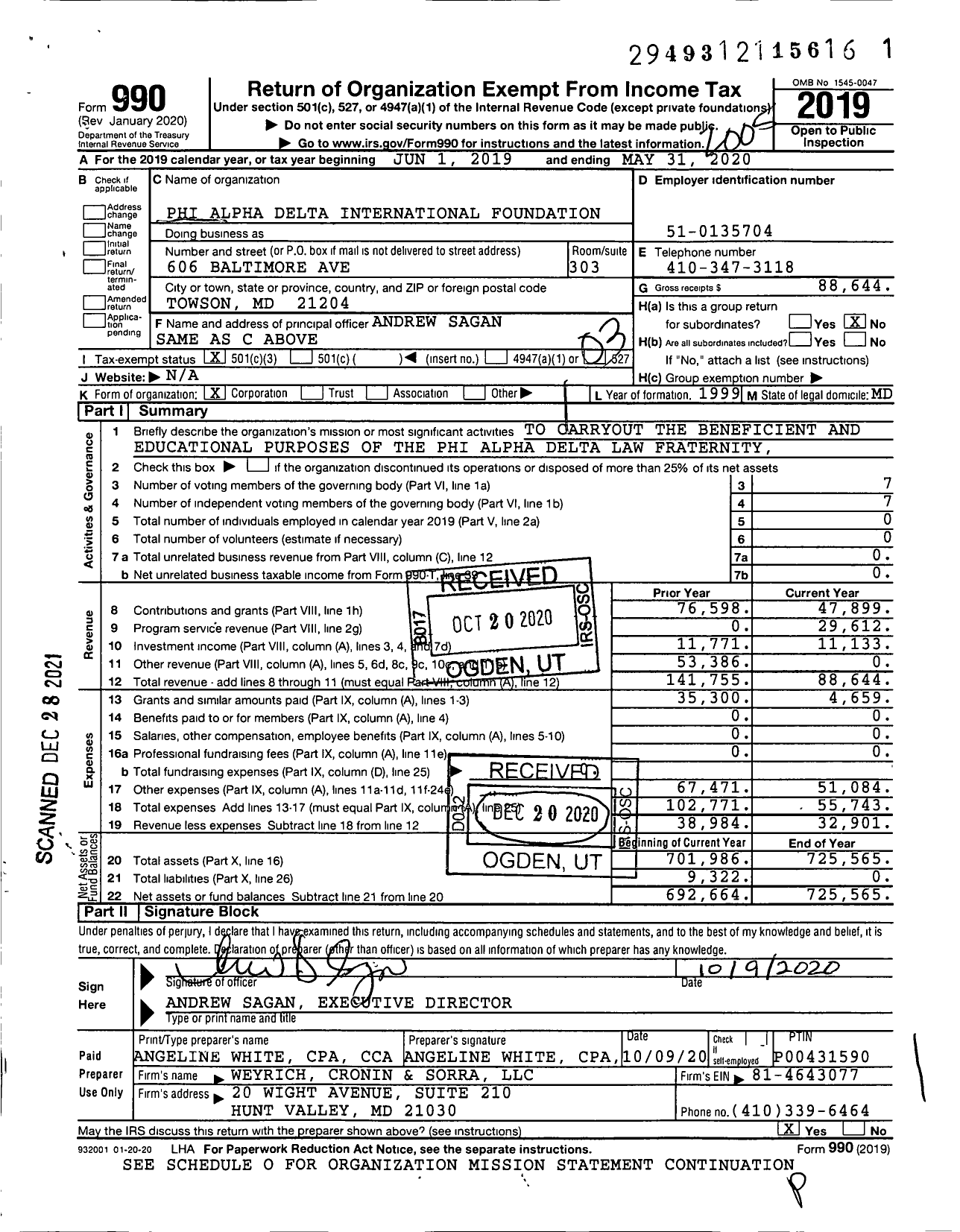 Image of first page of 2019 Form 990 for Phi Alpha Delta International Foundation