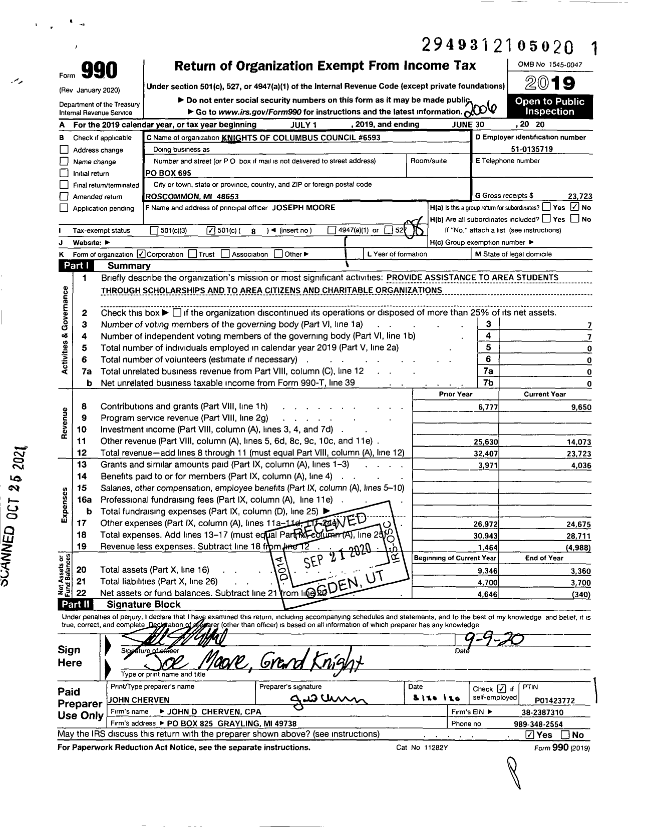 Image of first page of 2019 Form 990O for Knights of Columbus - 6593 Prince of Peace Council