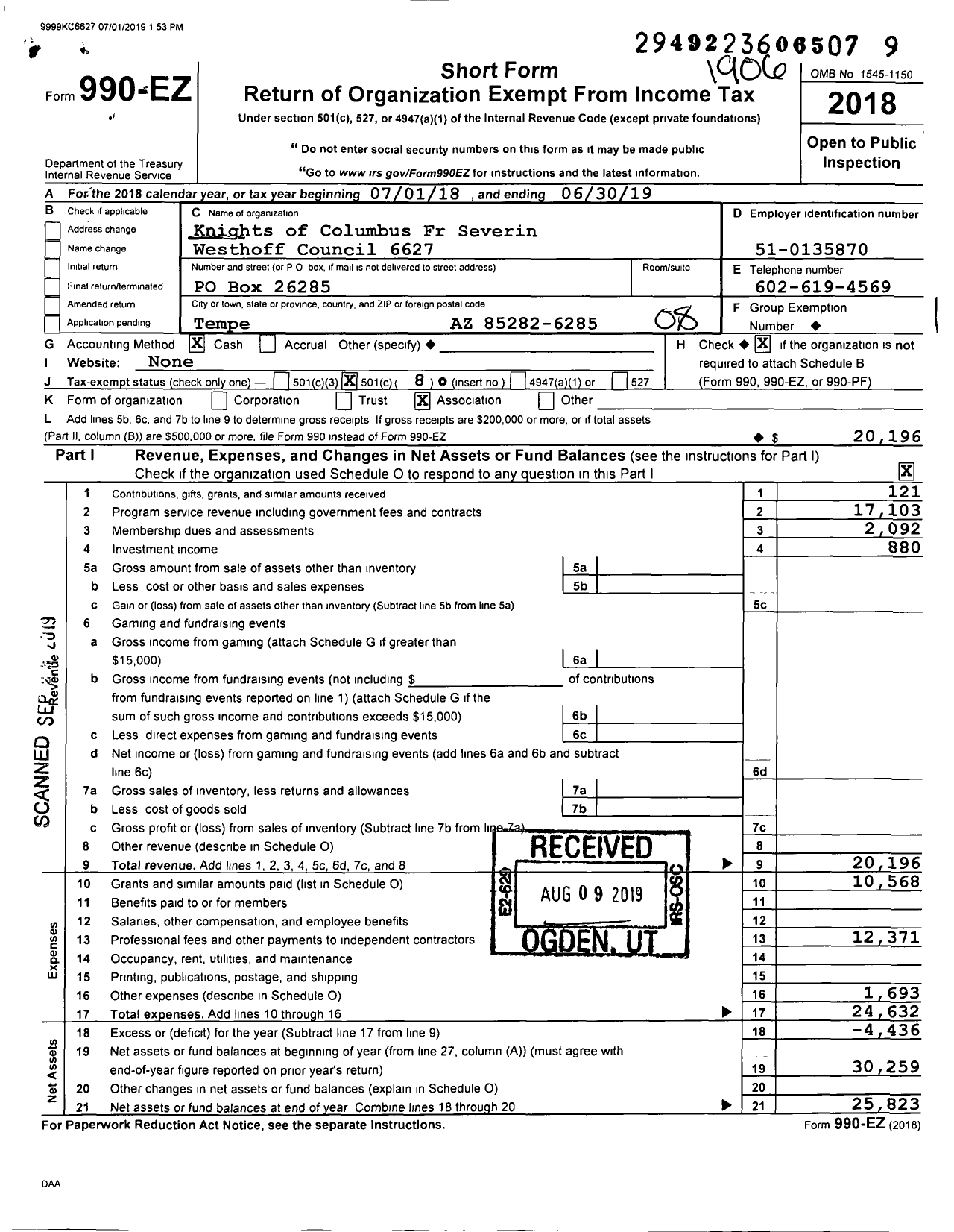 Image of first page of 2018 Form 990EO for Knights of Columbus FR Severin Westhoff Council 6627