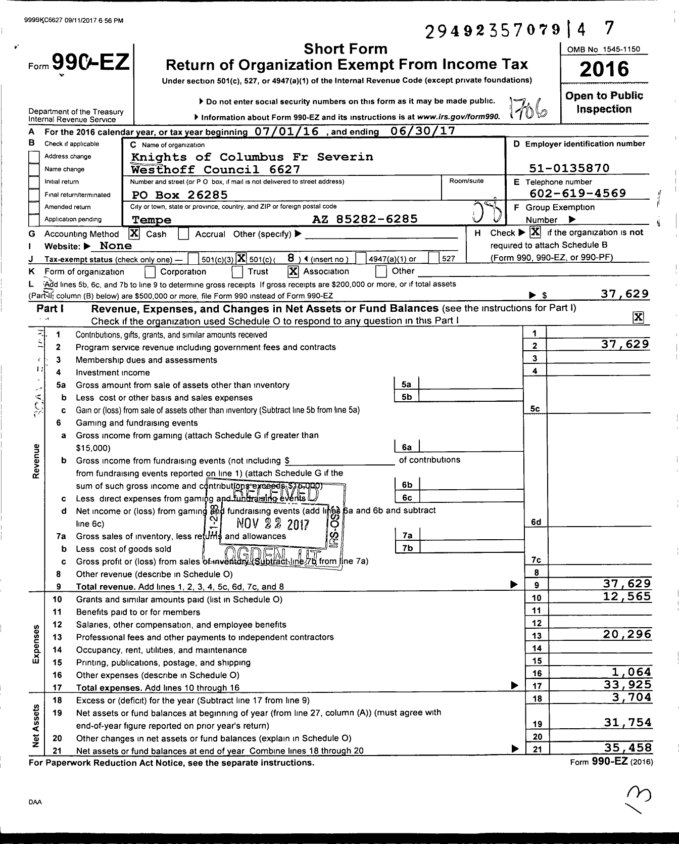 Image of first page of 2016 Form 990EO for Knights of Columbus FR Severin Westhoff Council 6627