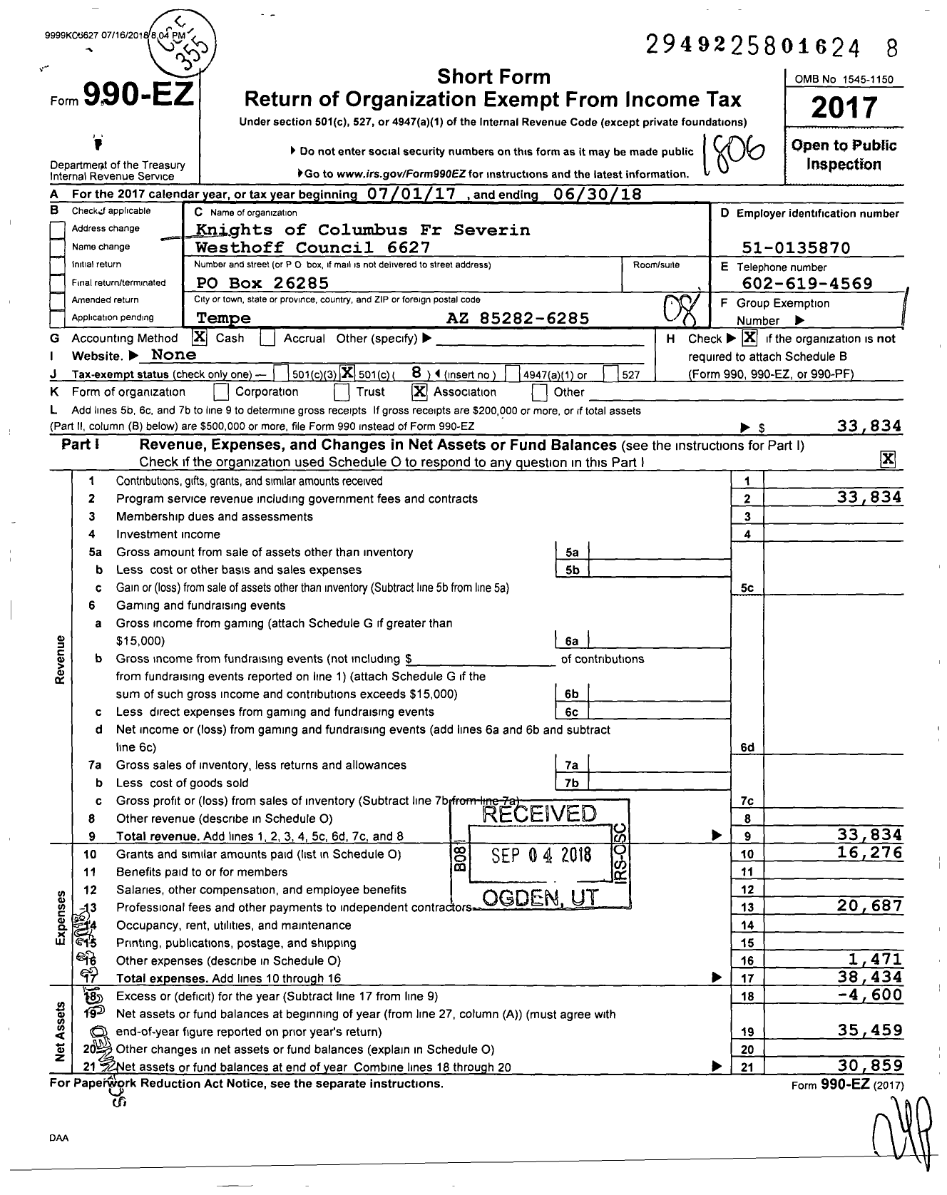 Image of first page of 2017 Form 990EO for Knights of Columbus FR Severin Westhoff Council 6627