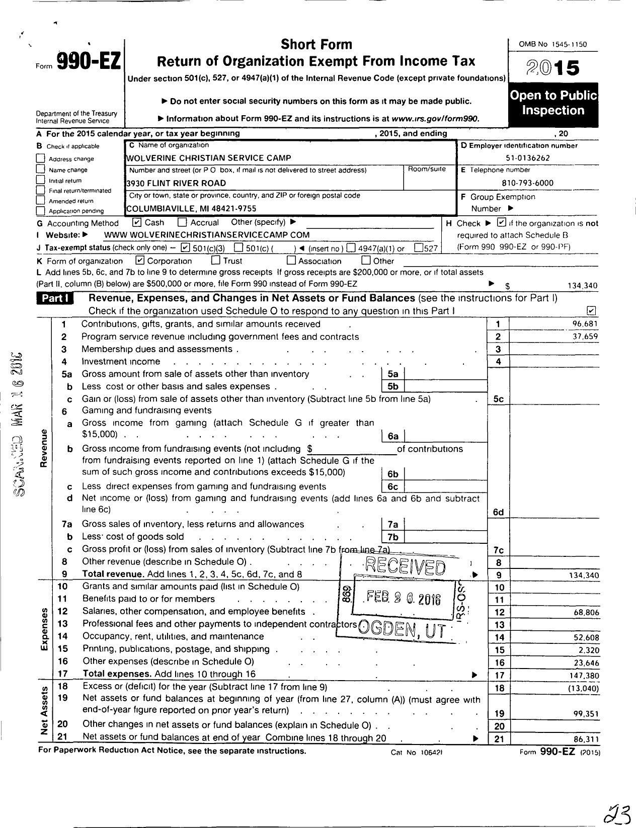 Image of first page of 2015 Form 990EZ for Wolverine Christian Service Camp