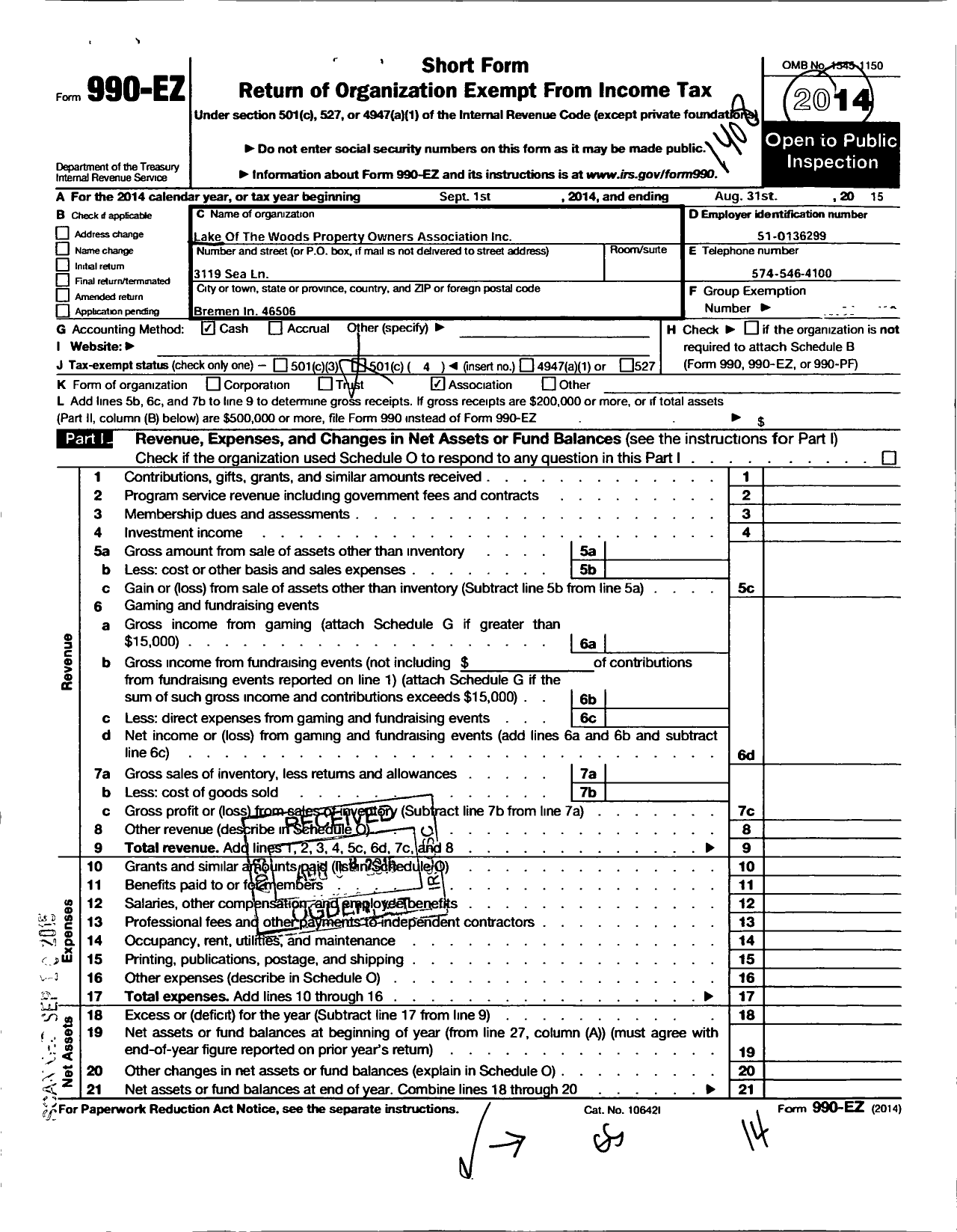 Image of first page of 2013 Form 990EO for Lake of the Woods Property Owners Association