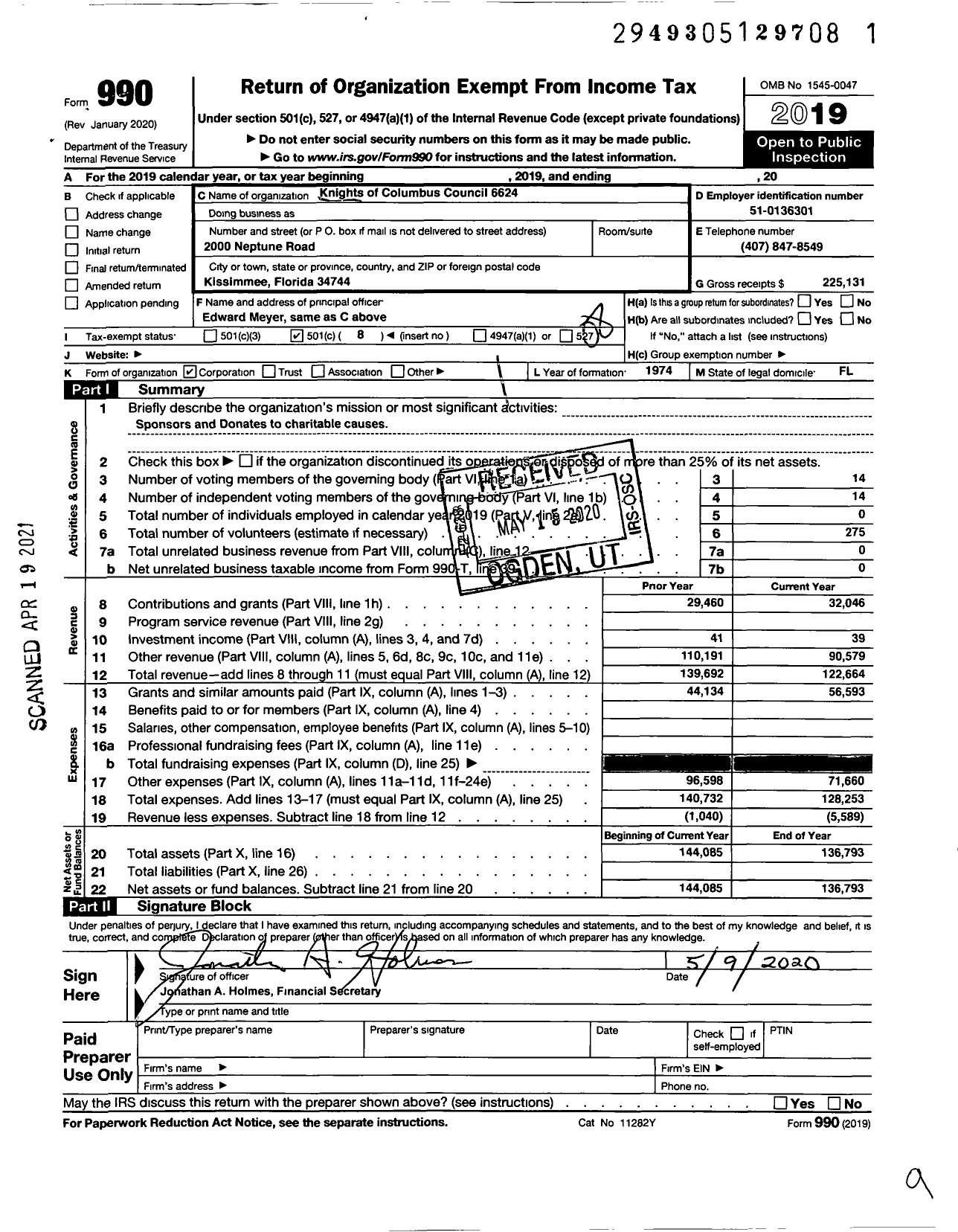 Image of first page of 2019 Form 990O for Knights of Columbus - 6624 St Cloud Kissimmee Council