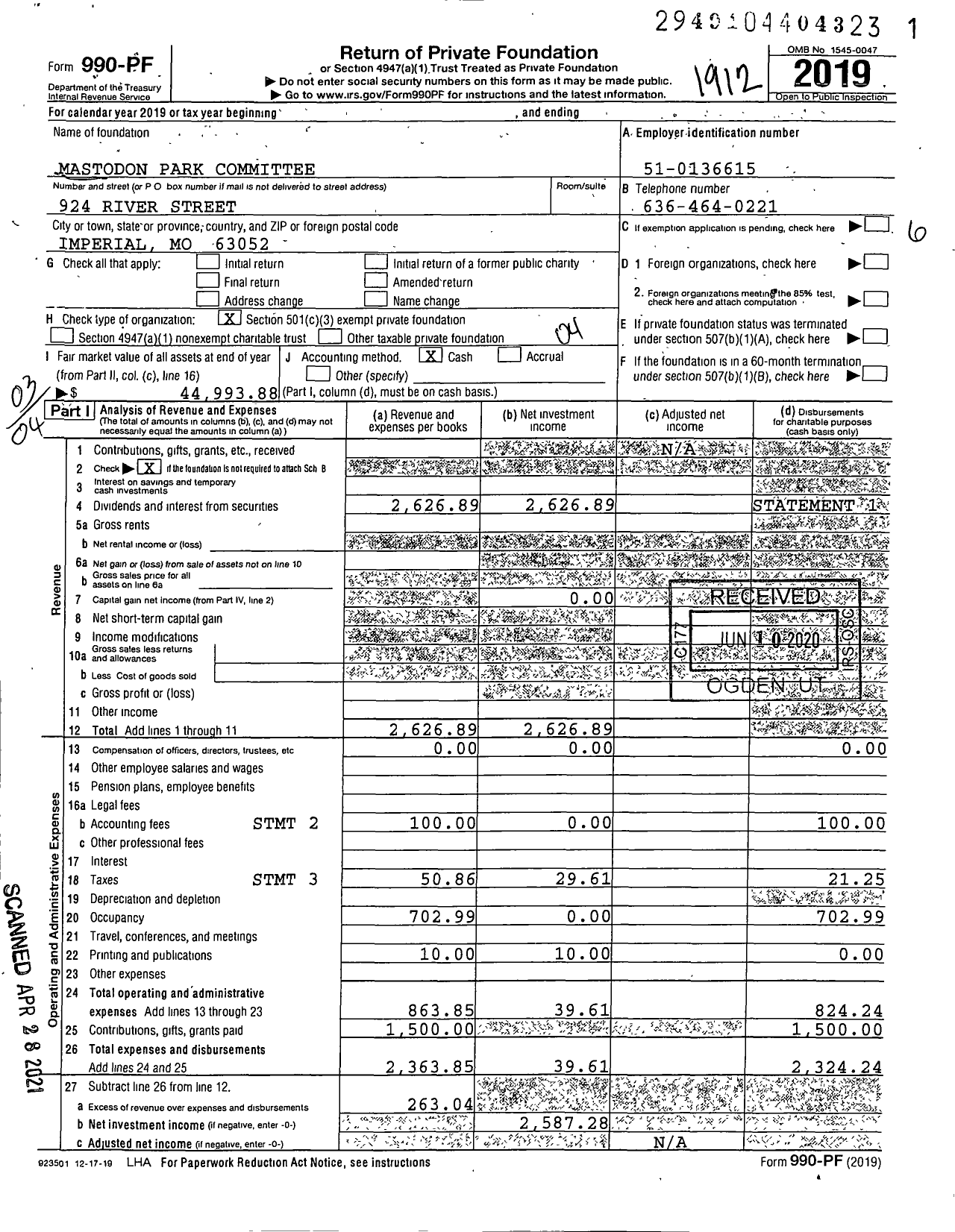 Image of first page of 2019 Form 990PF for Mastodon Park Committee