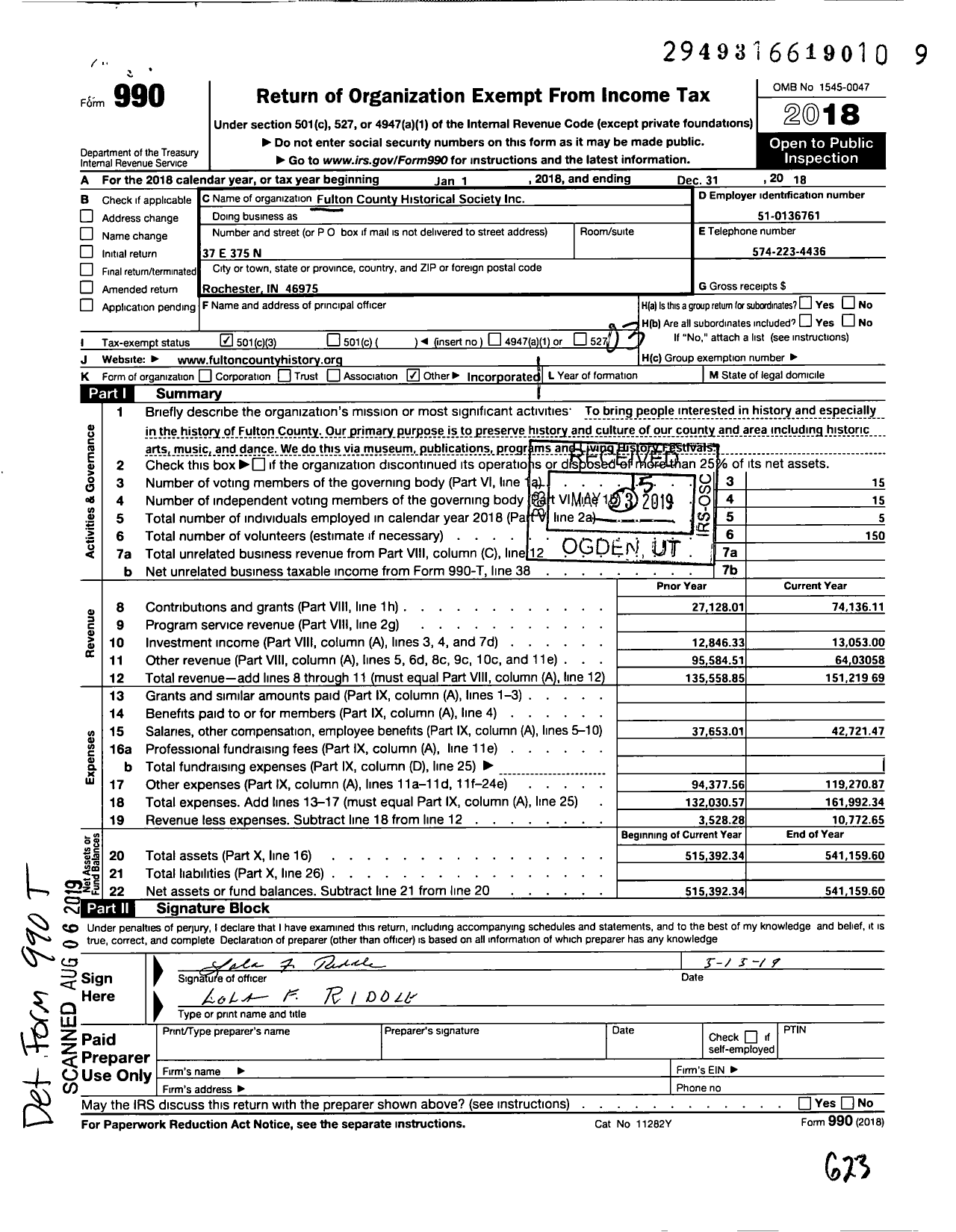 Image of first page of 2018 Form 990 for Fulton County Historical Society