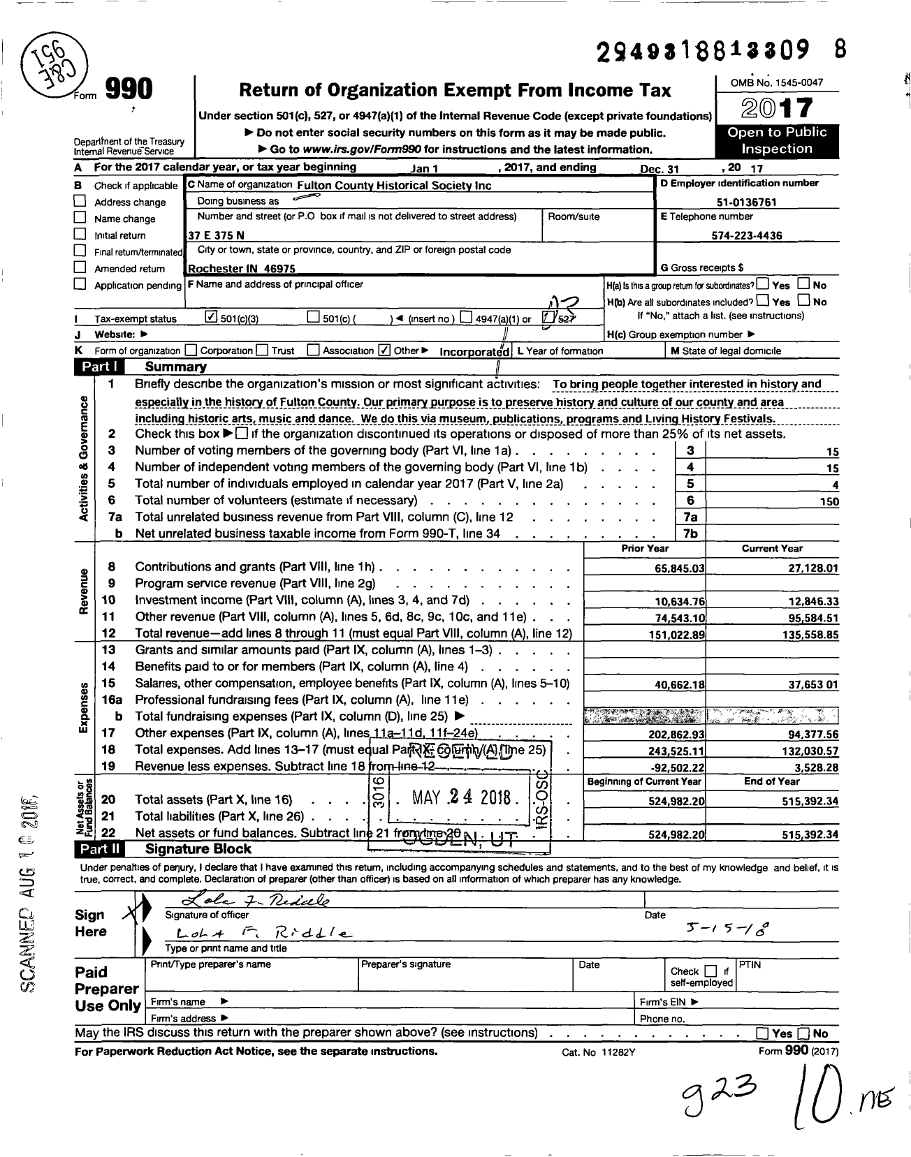 Image of first page of 2017 Form 990 for Fulton County Historical Society