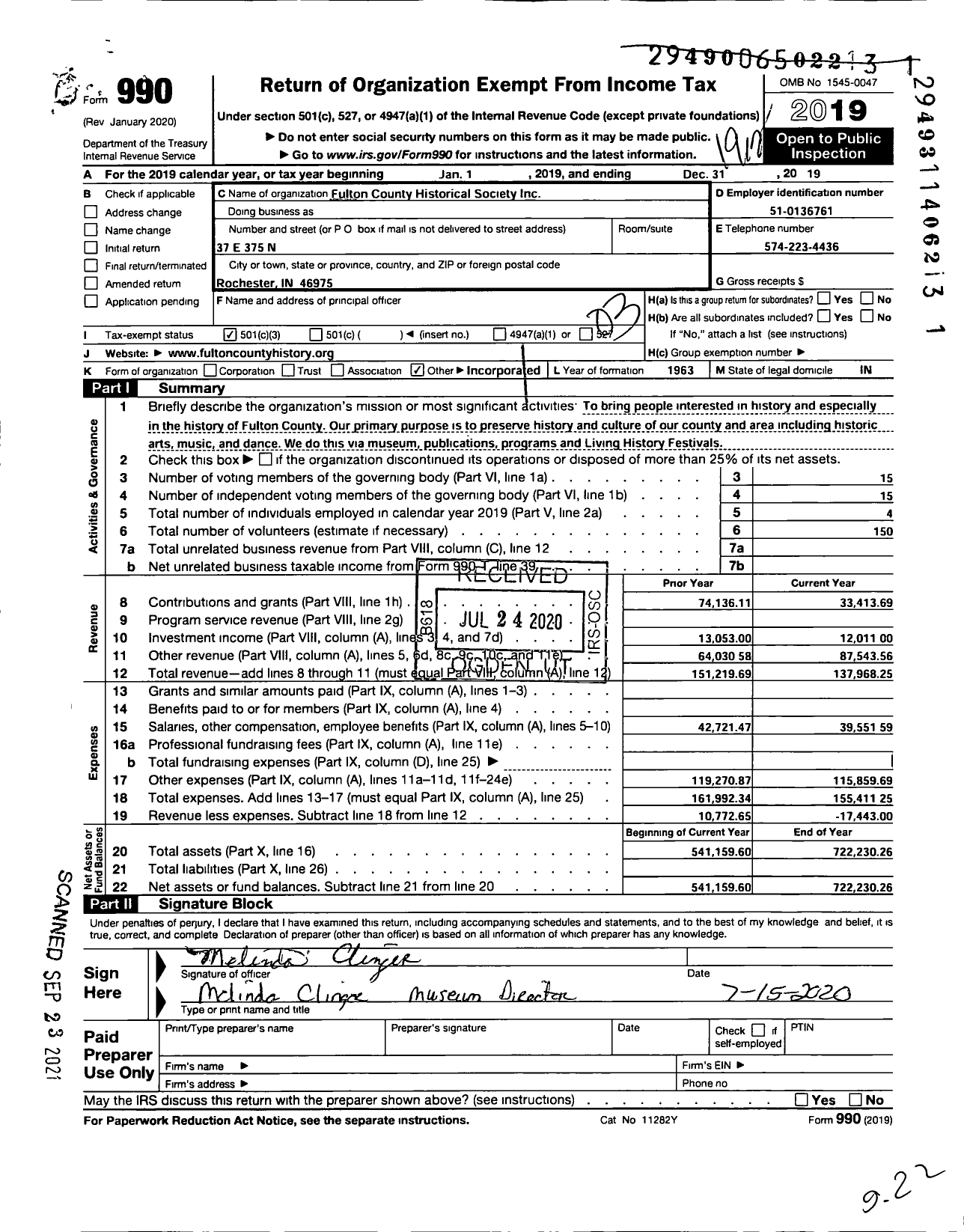 Image of first page of 2019 Form 990 for Fulton County Historical Society