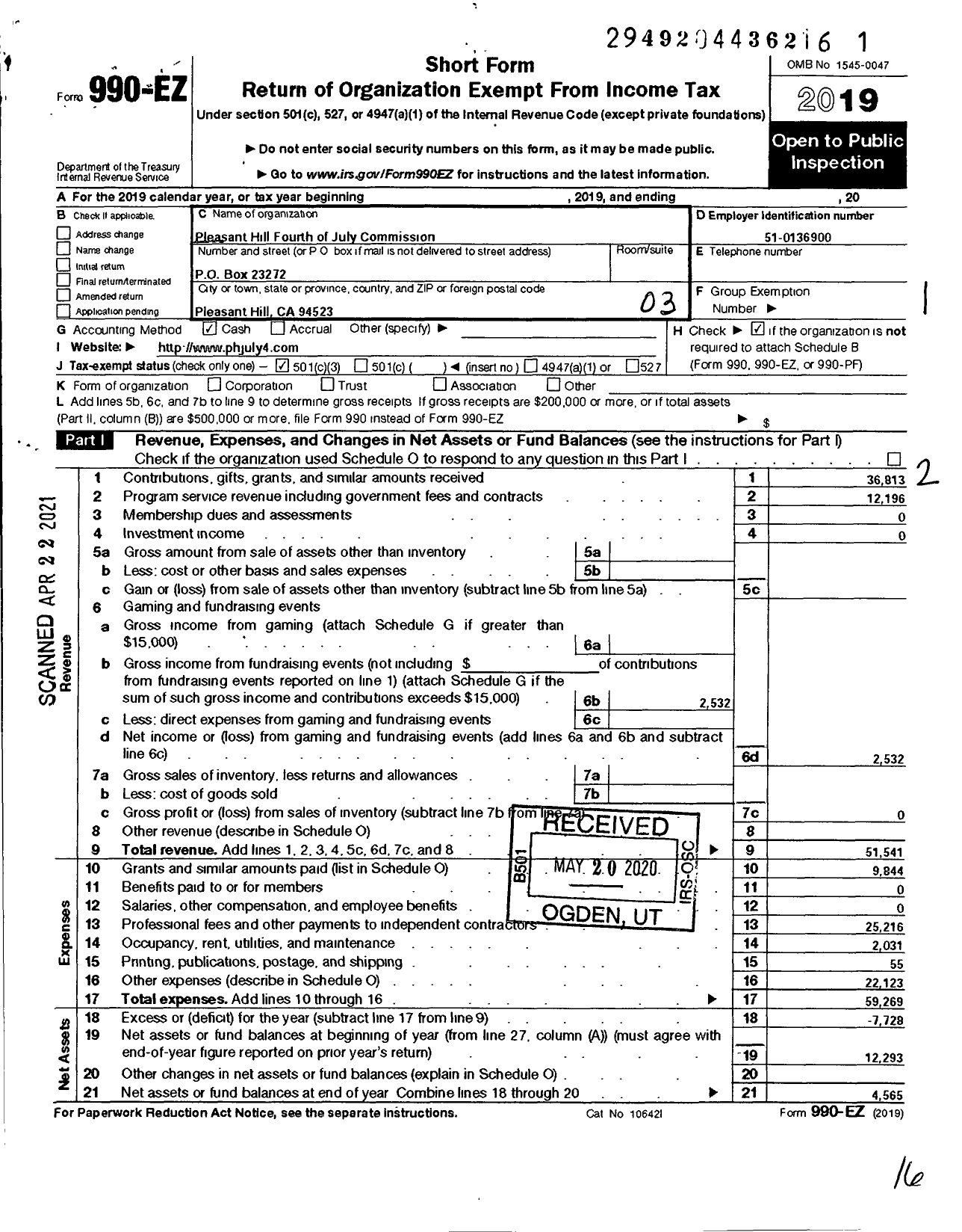 Image of first page of 2019 Form 990EZ for Pleasant Hill Fourth of July Commission