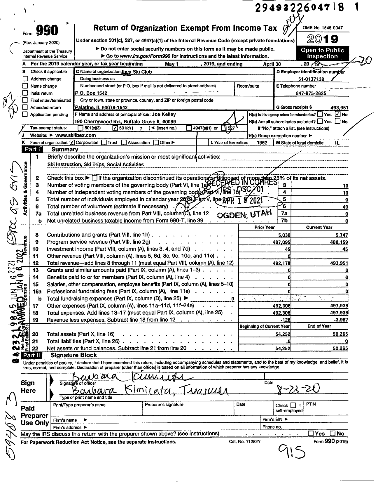 Image of first page of 2019 Form 990O for Ibex Ski Club