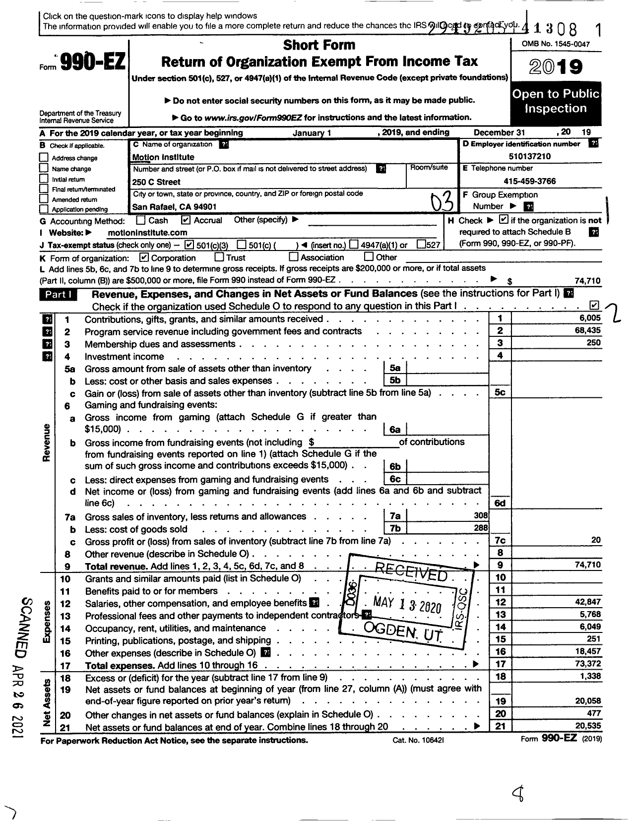 Image of first page of 2019 Form 990EZ for Motion Institute