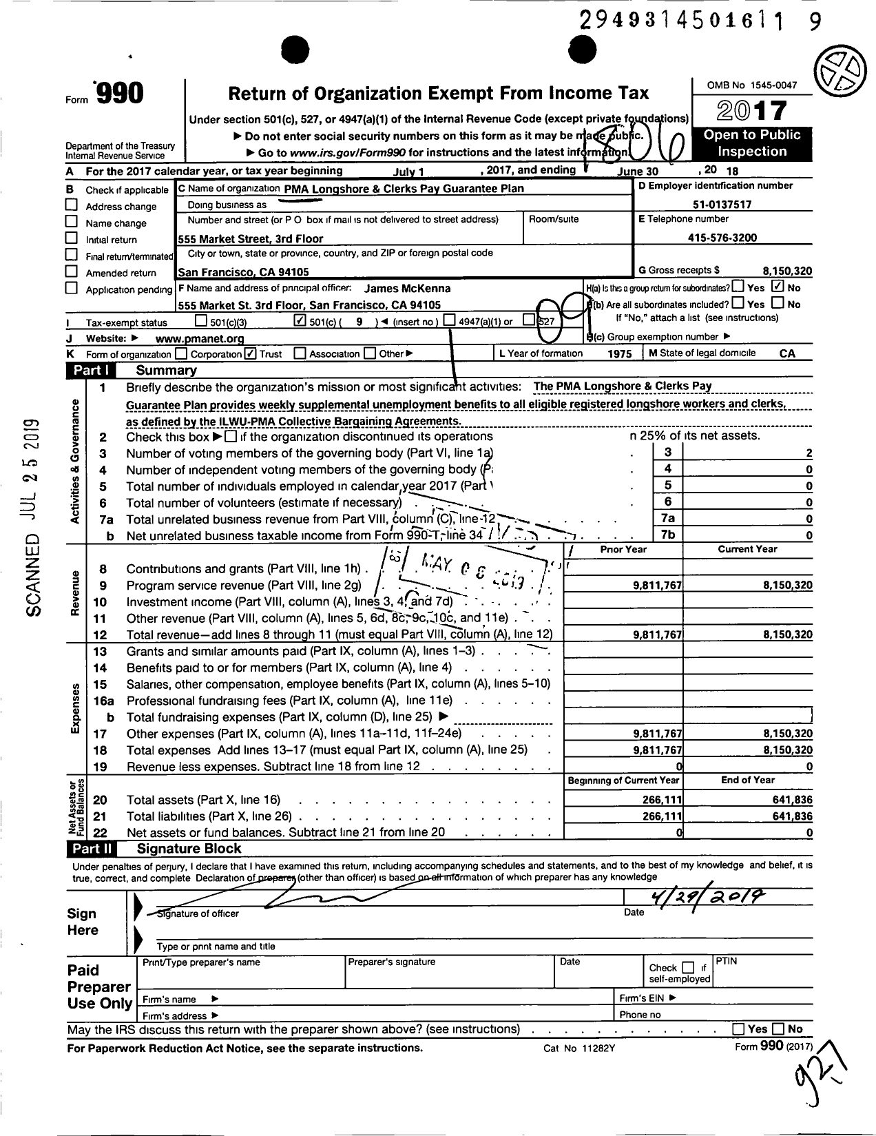 Image of first page of 2017 Form 990O for Pma Longshore and Clerks Pay Guarantee Plan