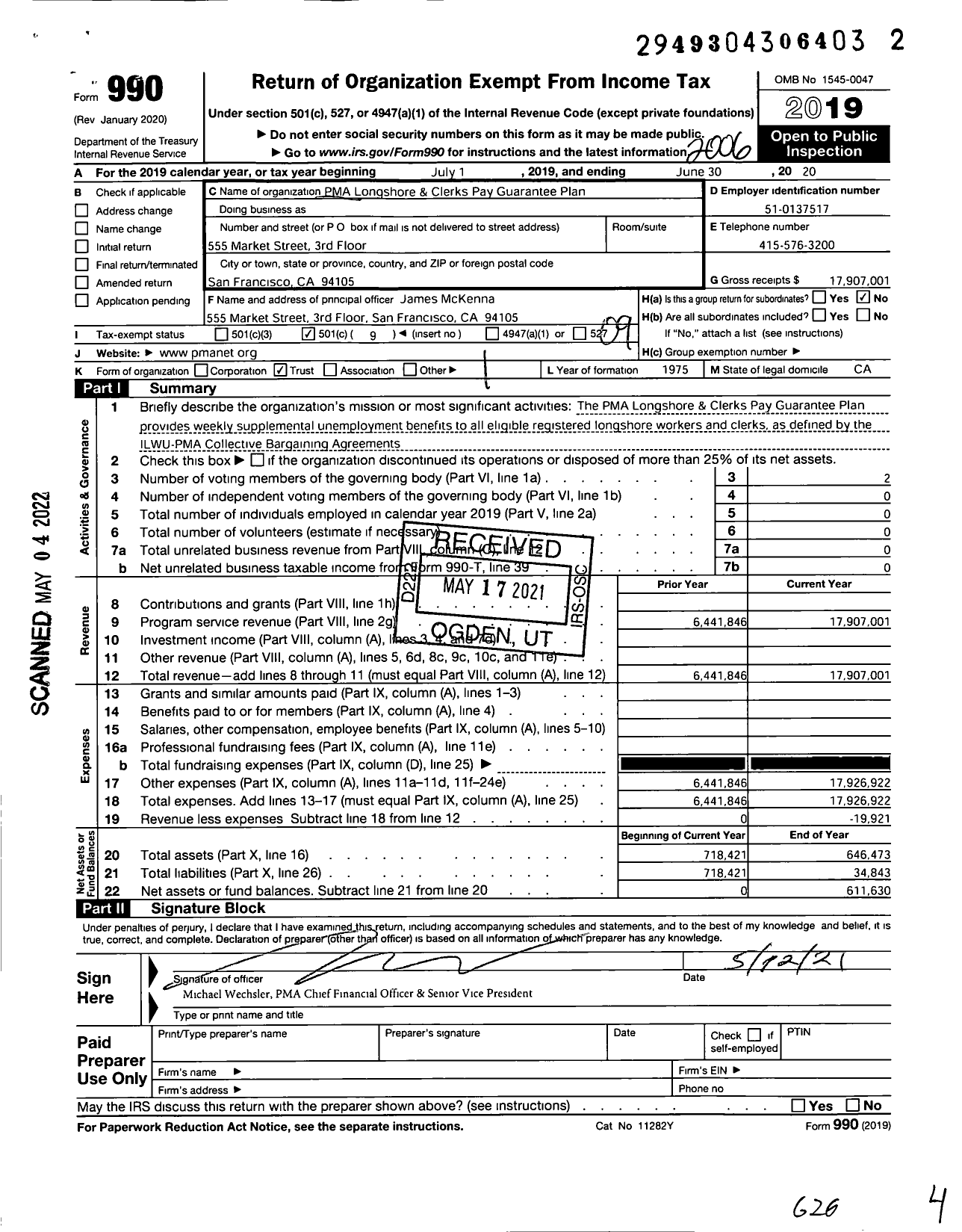 Image of first page of 2019 Form 990O for Pma Longshore and Clerks Pay Guarantee Plan