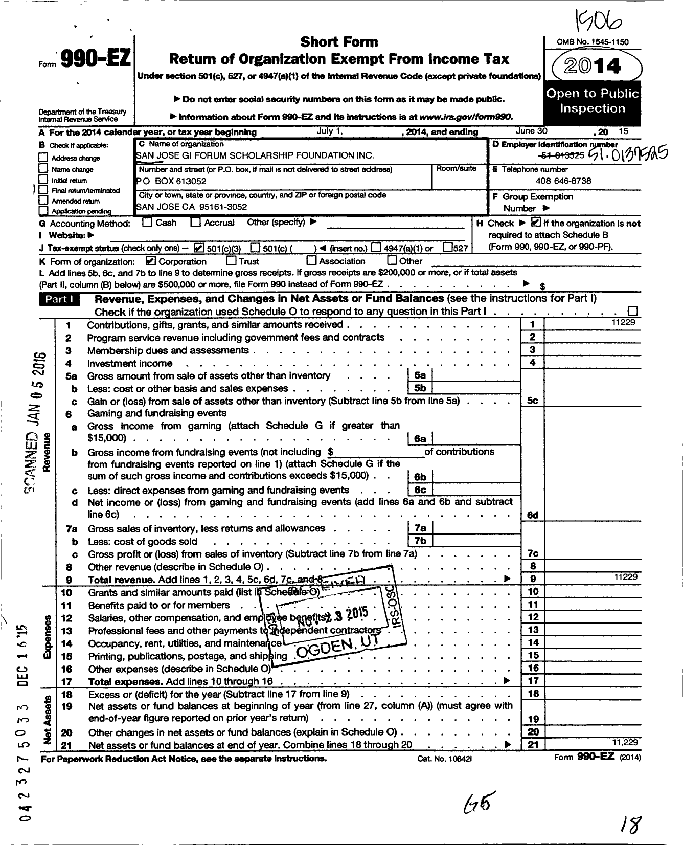 Image of first page of 2014 Form 990EZ for San Jose Gi Forum Scholarship Foundation