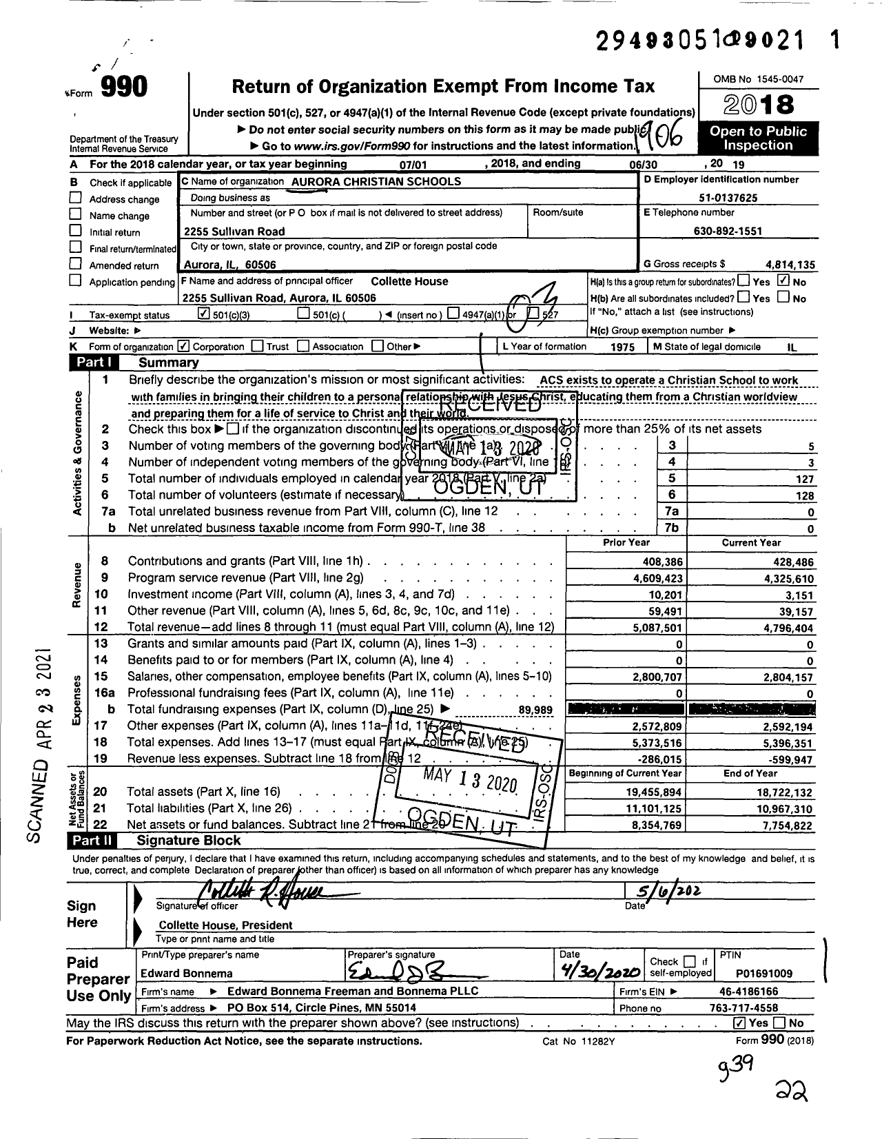 Image of first page of 2018 Form 990 for Aurora Christian Schools (ACS)