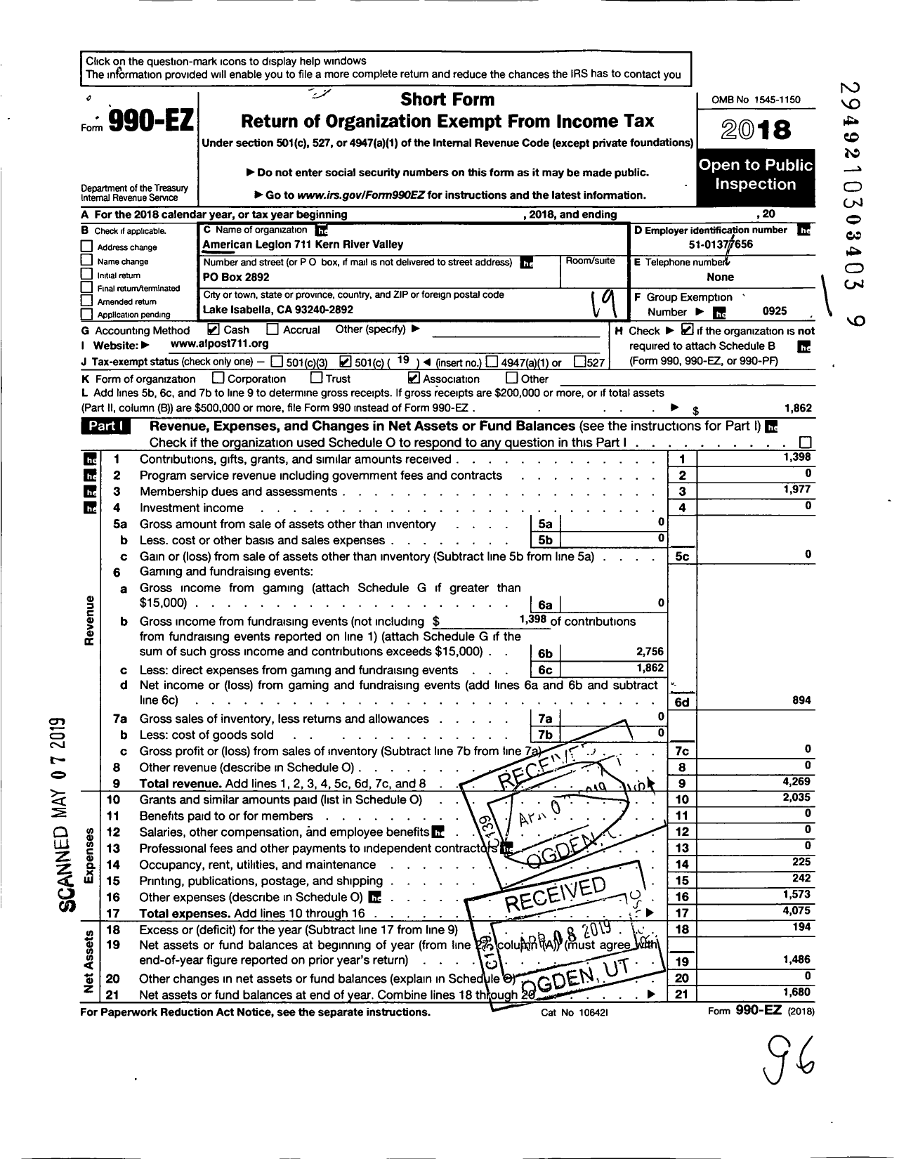 Image of first page of 2018 Form 990EO for American Legion