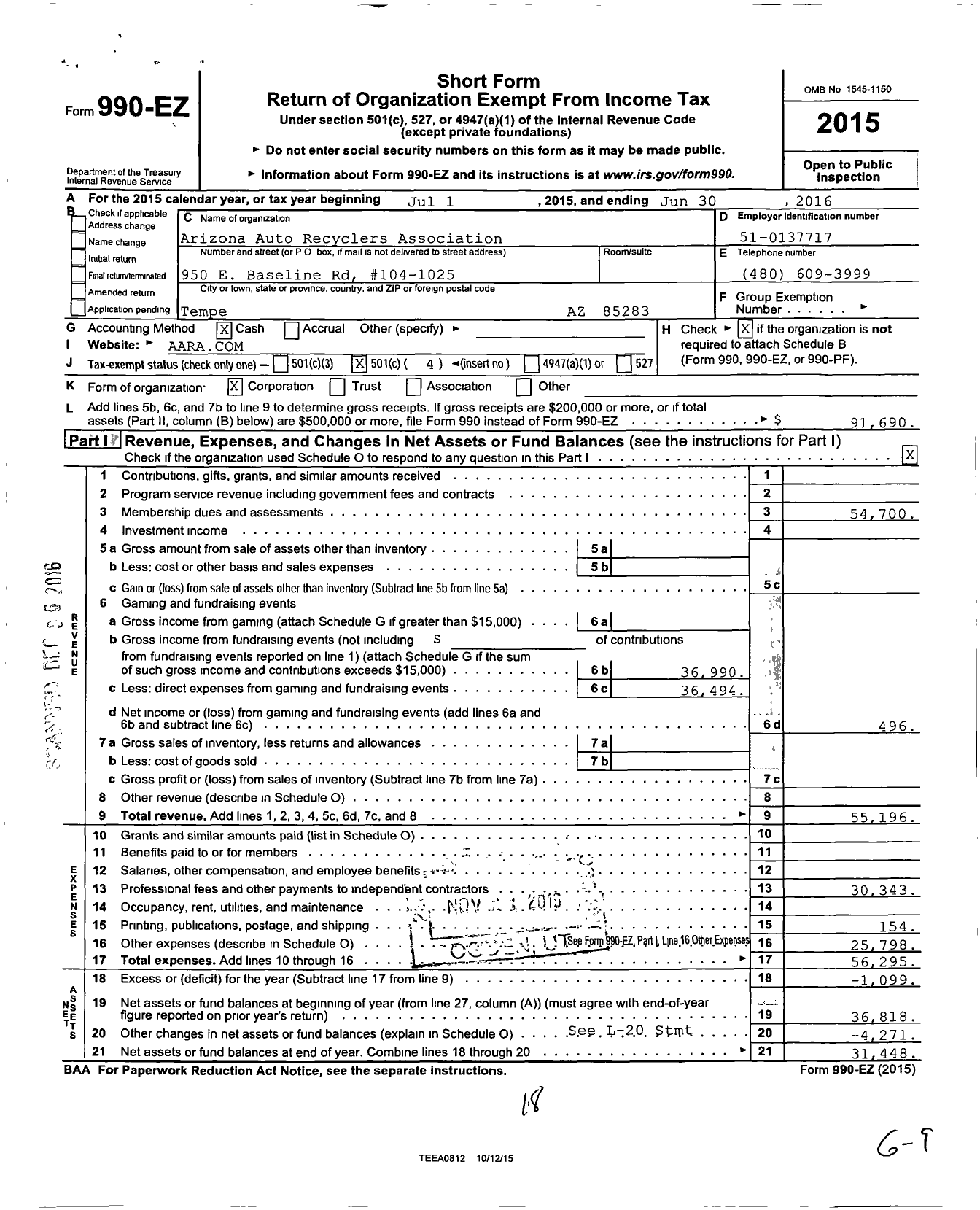 Image of first page of 2015 Form 990EO for Arizona Automobile Recyclers Association