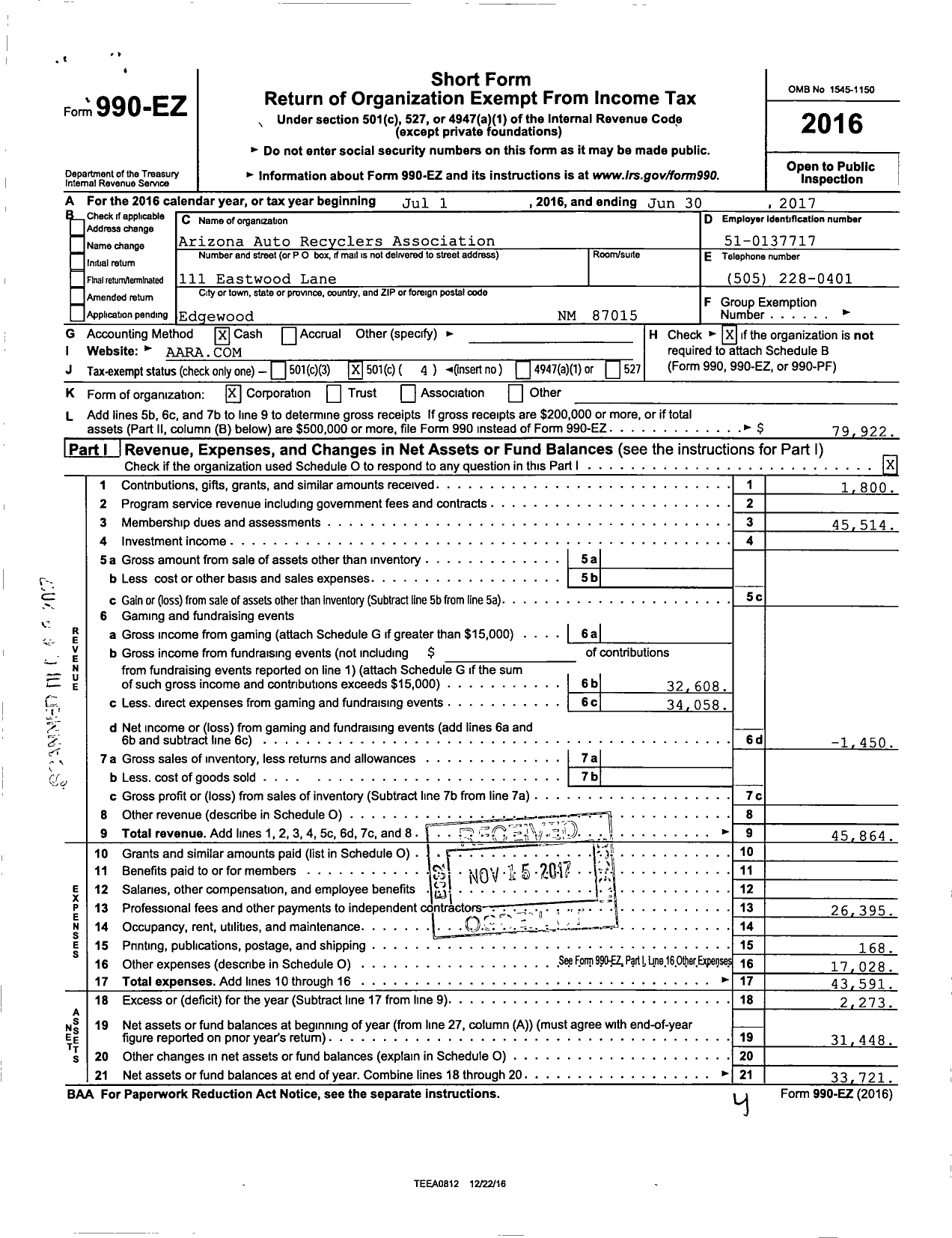 Image of first page of 2016 Form 990EO for Arizona Automobile Recyclers Association