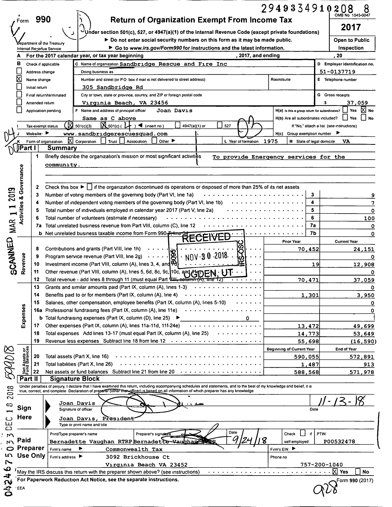 Image of first page of 2017 Form 990 for Sandbridge Rescue & Fire