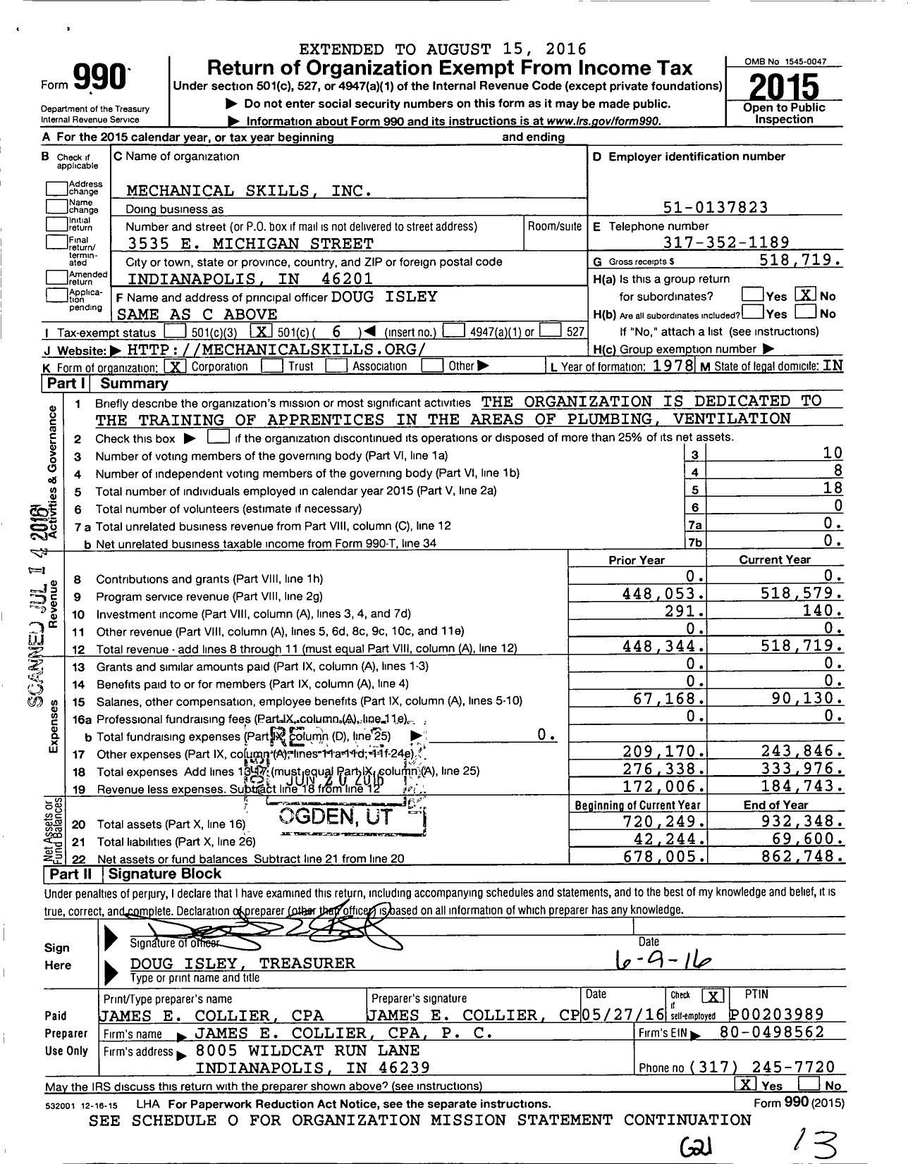 Image of first page of 2015 Form 990O for Mechanical Skills