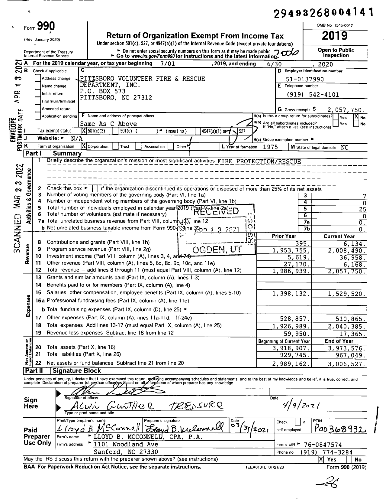 Image of first page of 2019 Form 990 for Pittsboro Volunteer Fire and Rescue Department