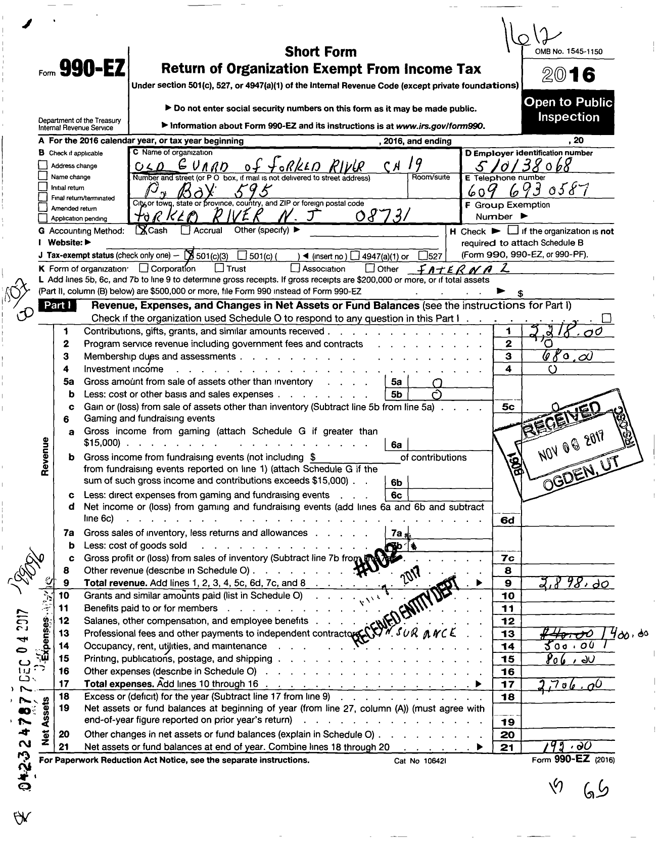 Image of first page of 2016 Form 990EZ for Old Guard of Forked River