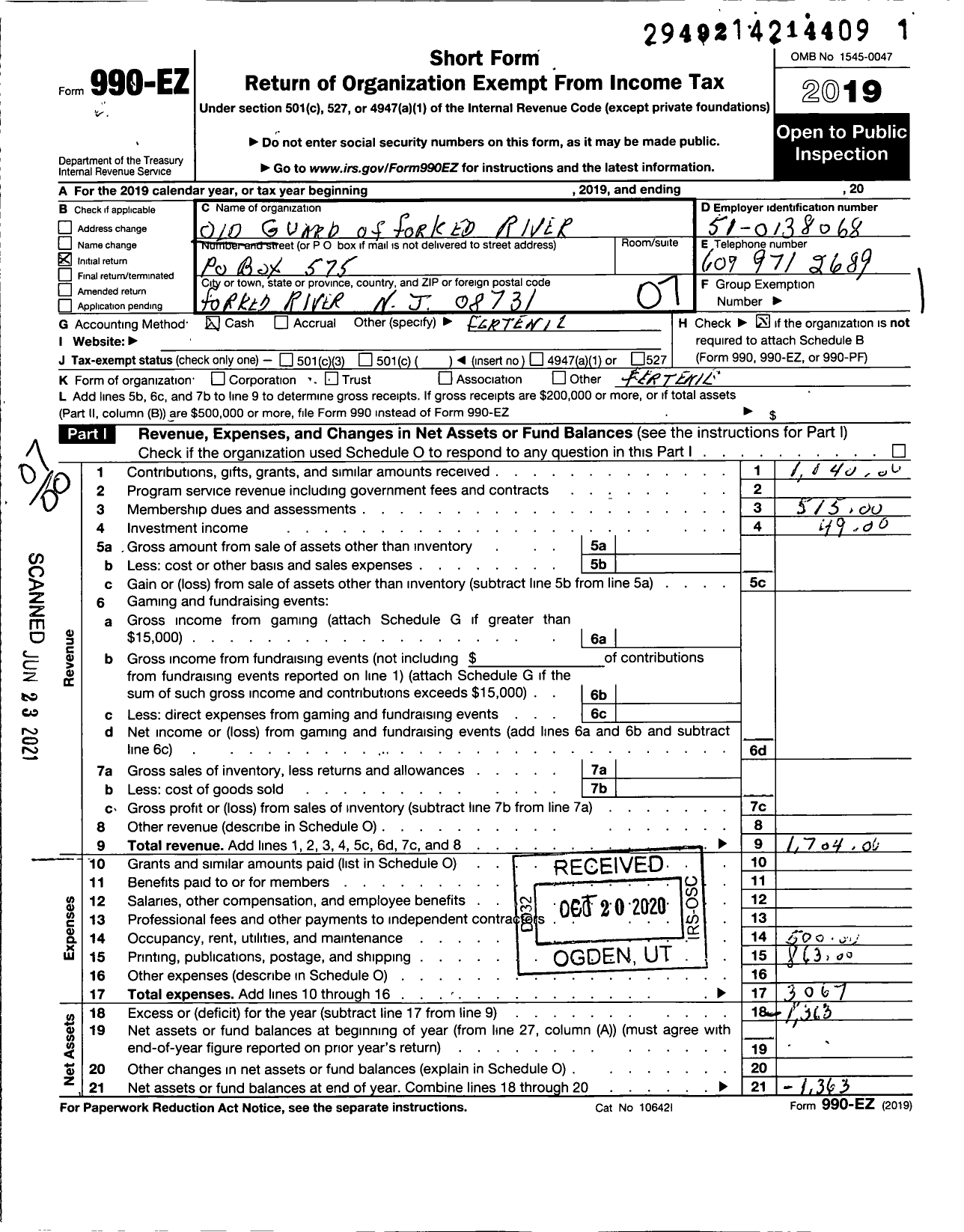 Image of first page of 2019 Form 990EO for Old Guard of Forked River