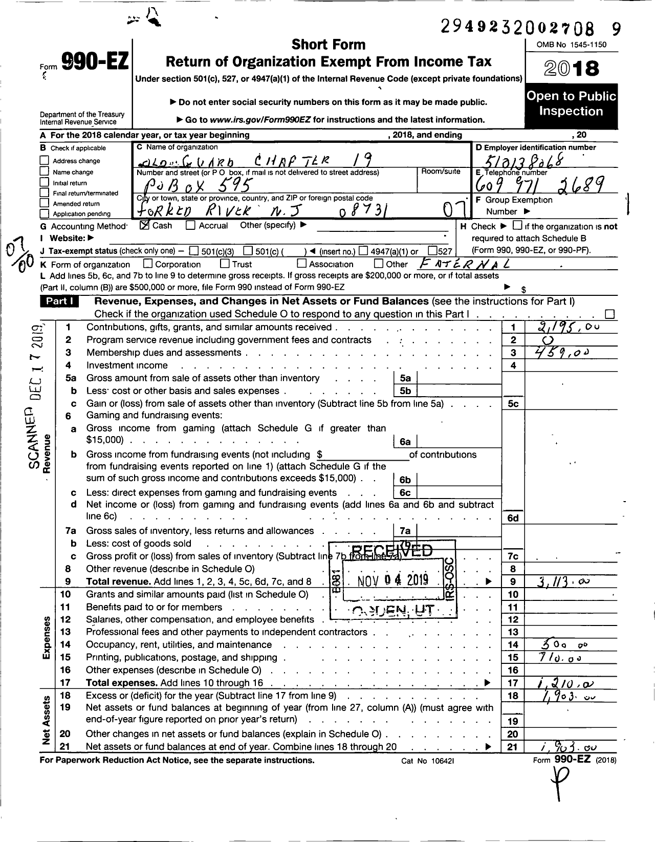 Image of first page of 2018 Form 990EO for Old Guard of Forked River