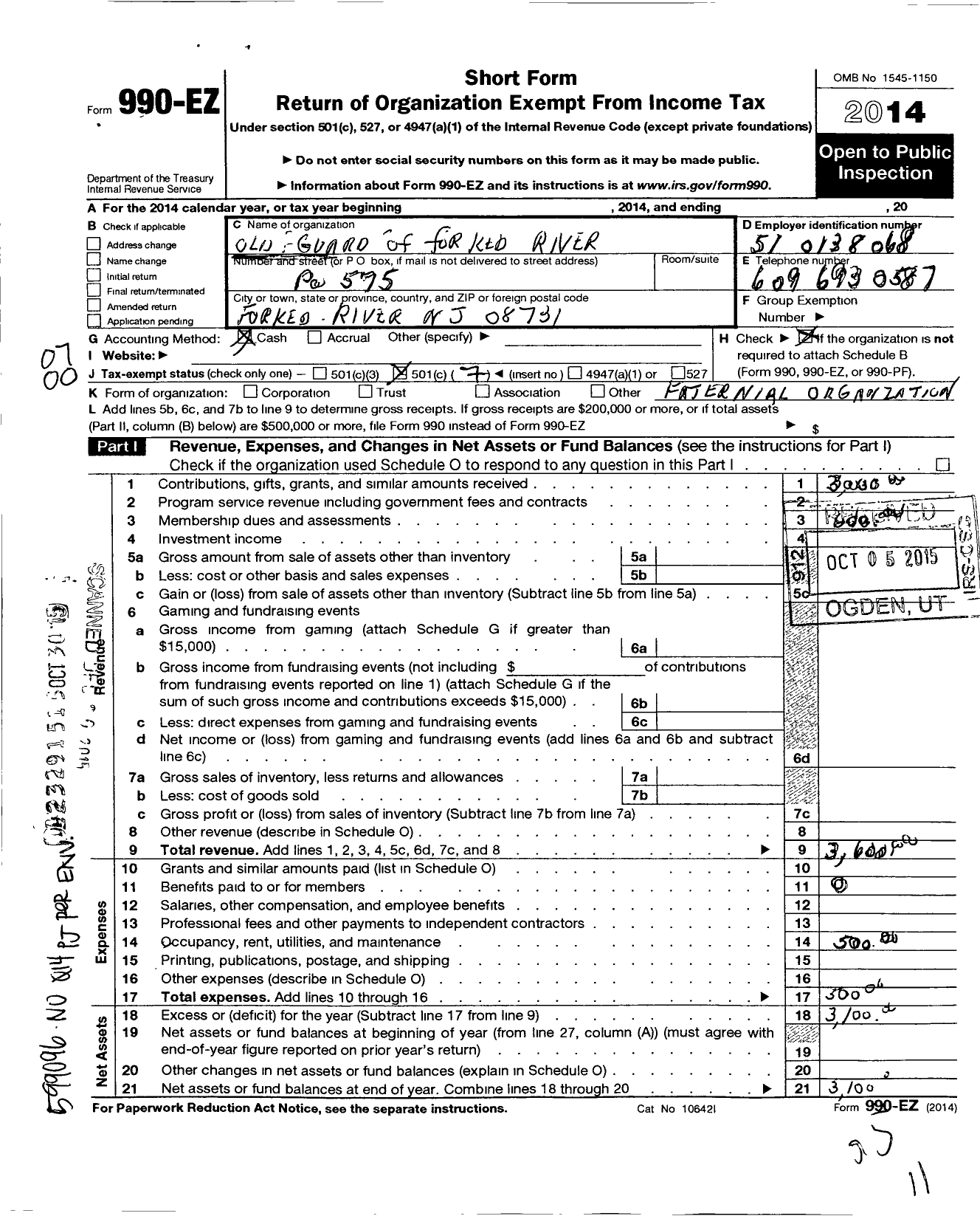 Image of first page of 2014 Form 990EO for Old Guard of Forked River