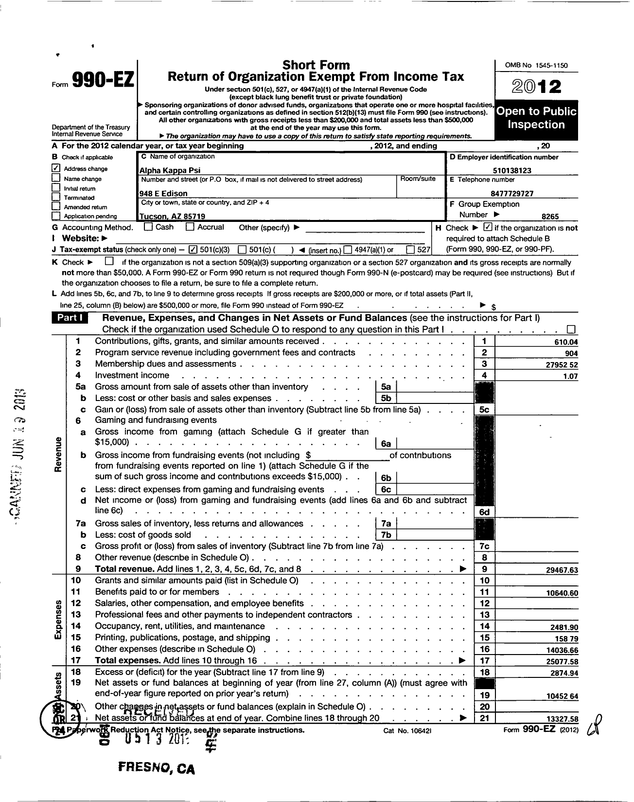 Image of first page of 2012 Form 990EZ for Alpha Kappa Psi Fraternity / Alpha Nu Chapter