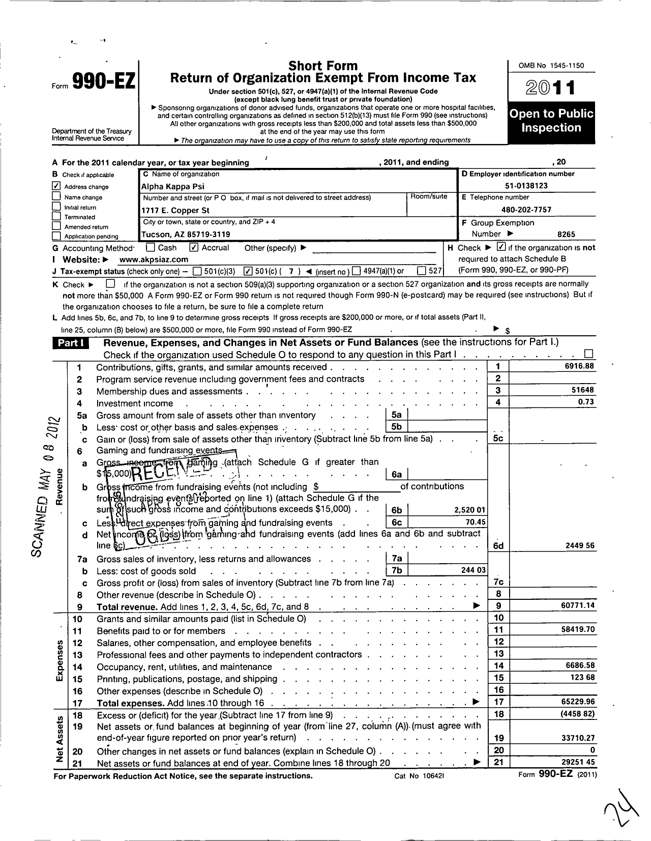 Image of first page of 2011 Form 990EO for Alpha Kappa Psi Fraternity / Alpha Nu Chapter